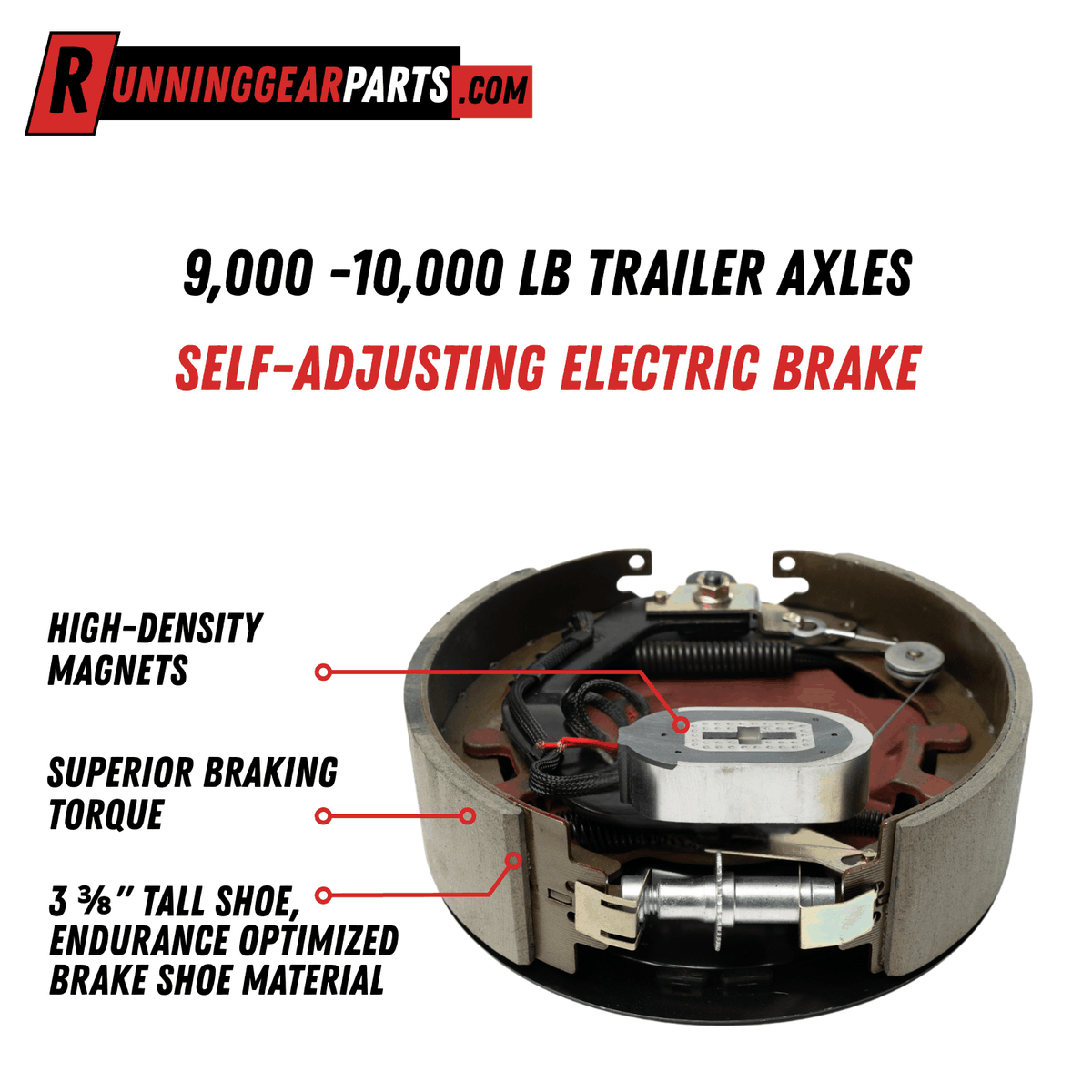 RGP 9,000 -10,000 lb electric trailer brake assembly with a gray metal backing plate, black components, and self-adjusting mechanism.