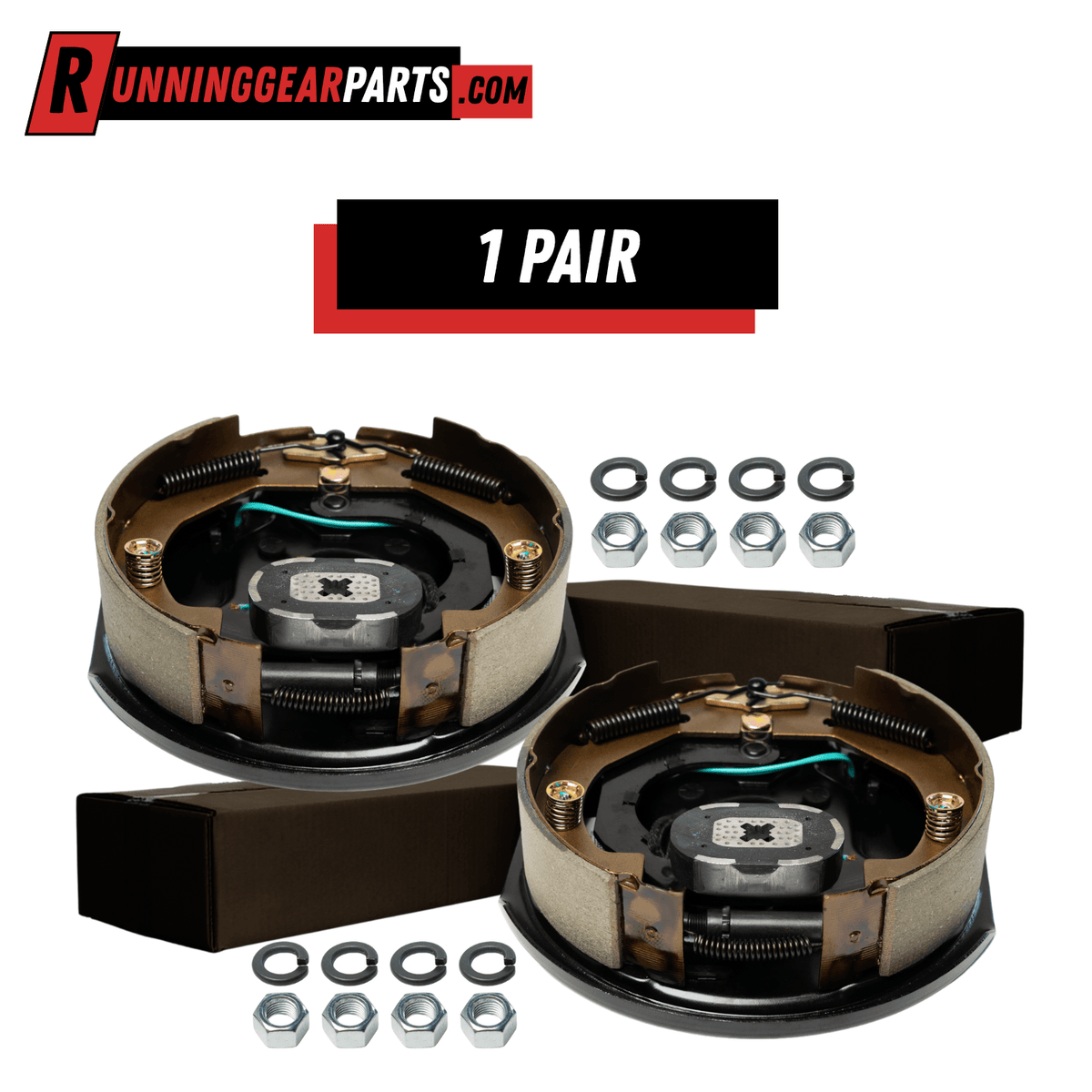 RGP 3,500 lb Electric Trailer Brake Assembly, pair of bronze-toned steel drum brakes with black backing plates, springs and magnets