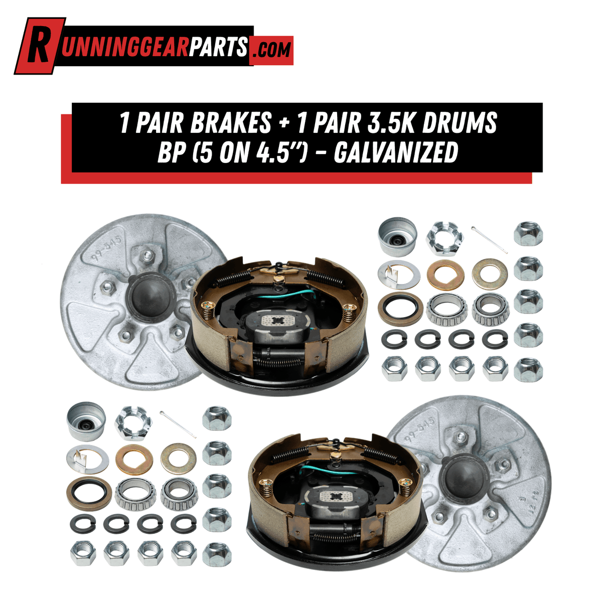 Electric trailer brake assembly set with silver galvanized drums, dark metal brake shoes, springs, magnets, bearings and hardware; 5-on-4.5-inch hubs. RGP 3,500 lb Electric Trailer Brake Assembly