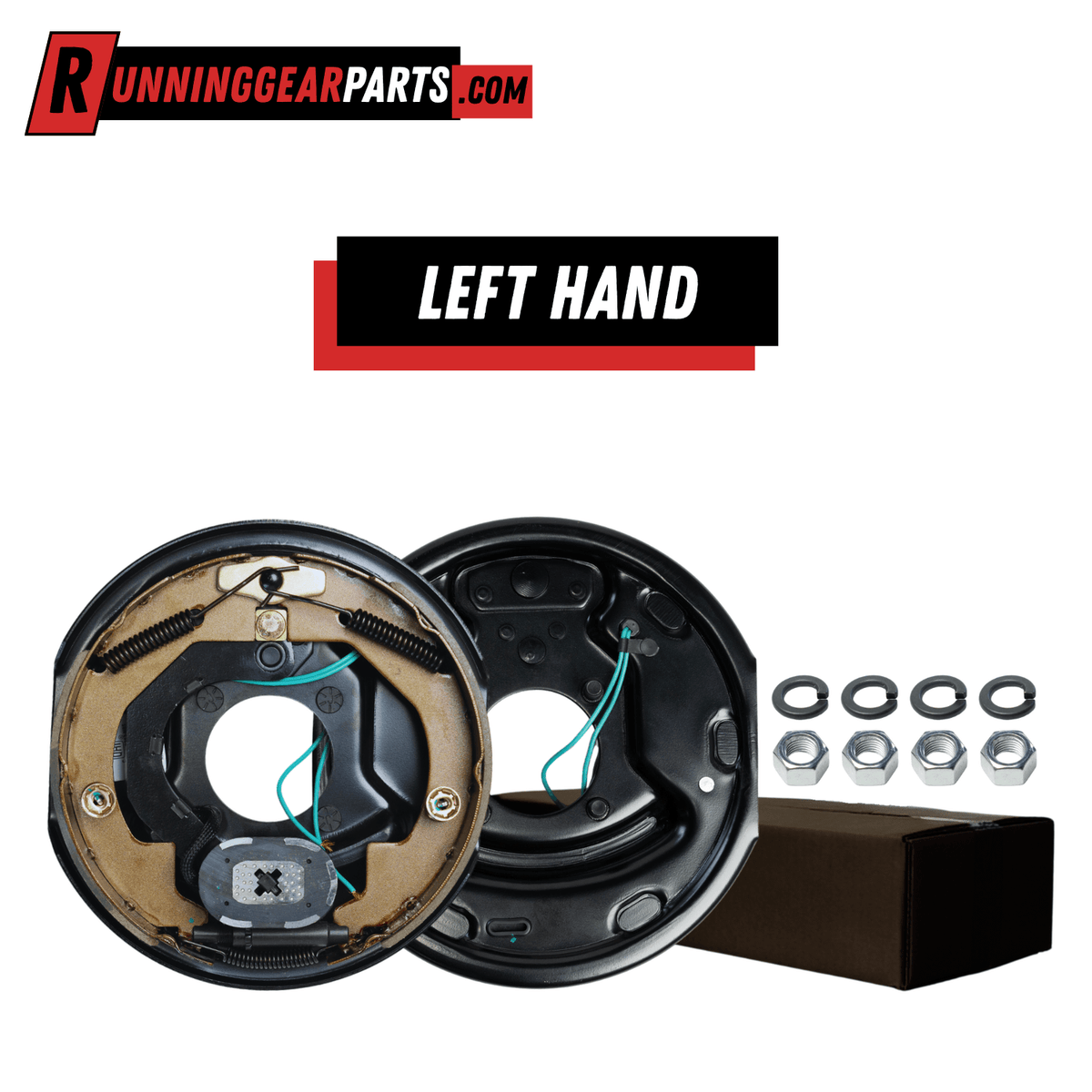 RGP 3,500 lb Electric Trailer Brake Assembly with black metal backing plate, tan brake shoes, springs and magnet, left-hand design.