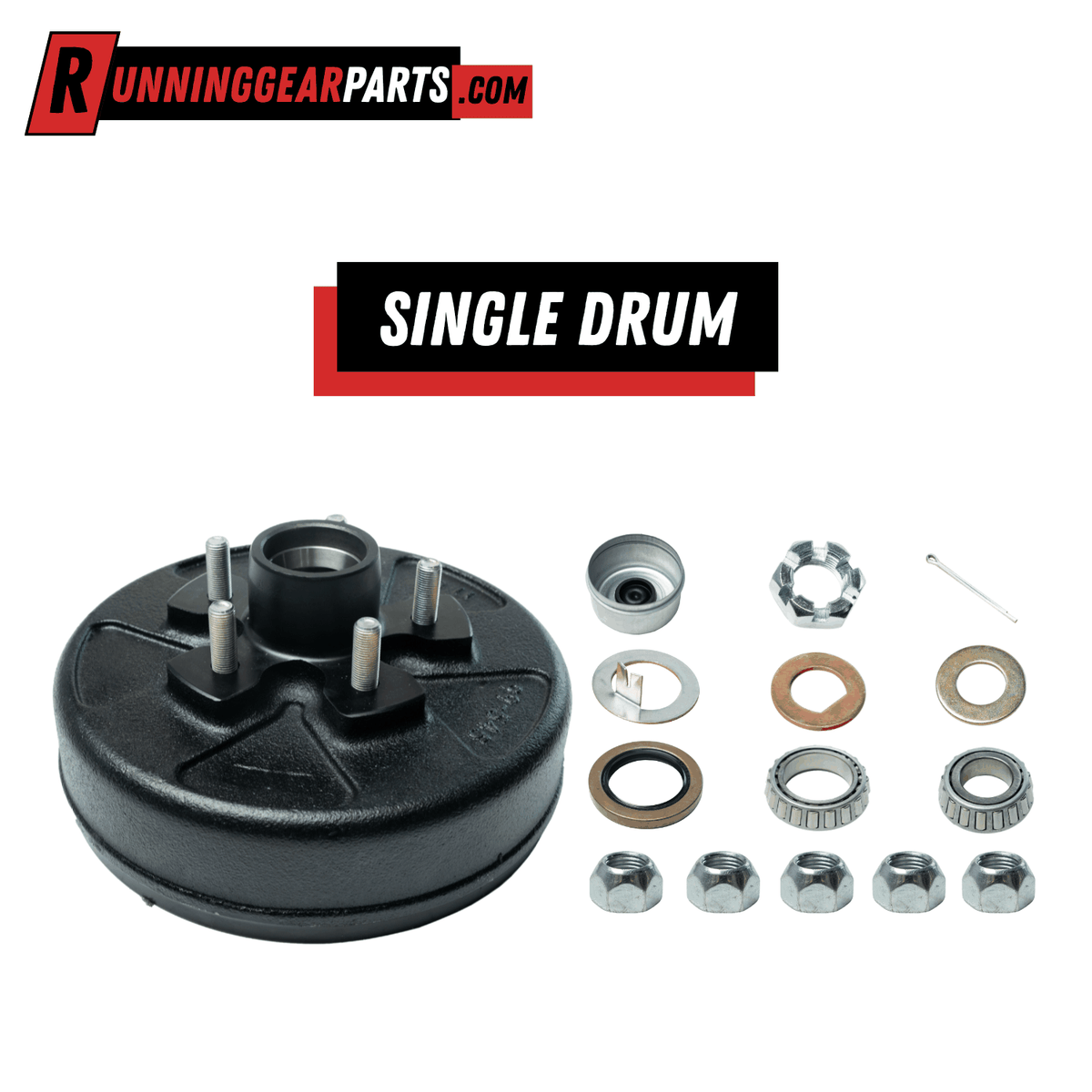 Black steel trailer hub and drum assembly kit with five studs and bearing hardware, RGP 3,500 lb Trailer Axle replacement.