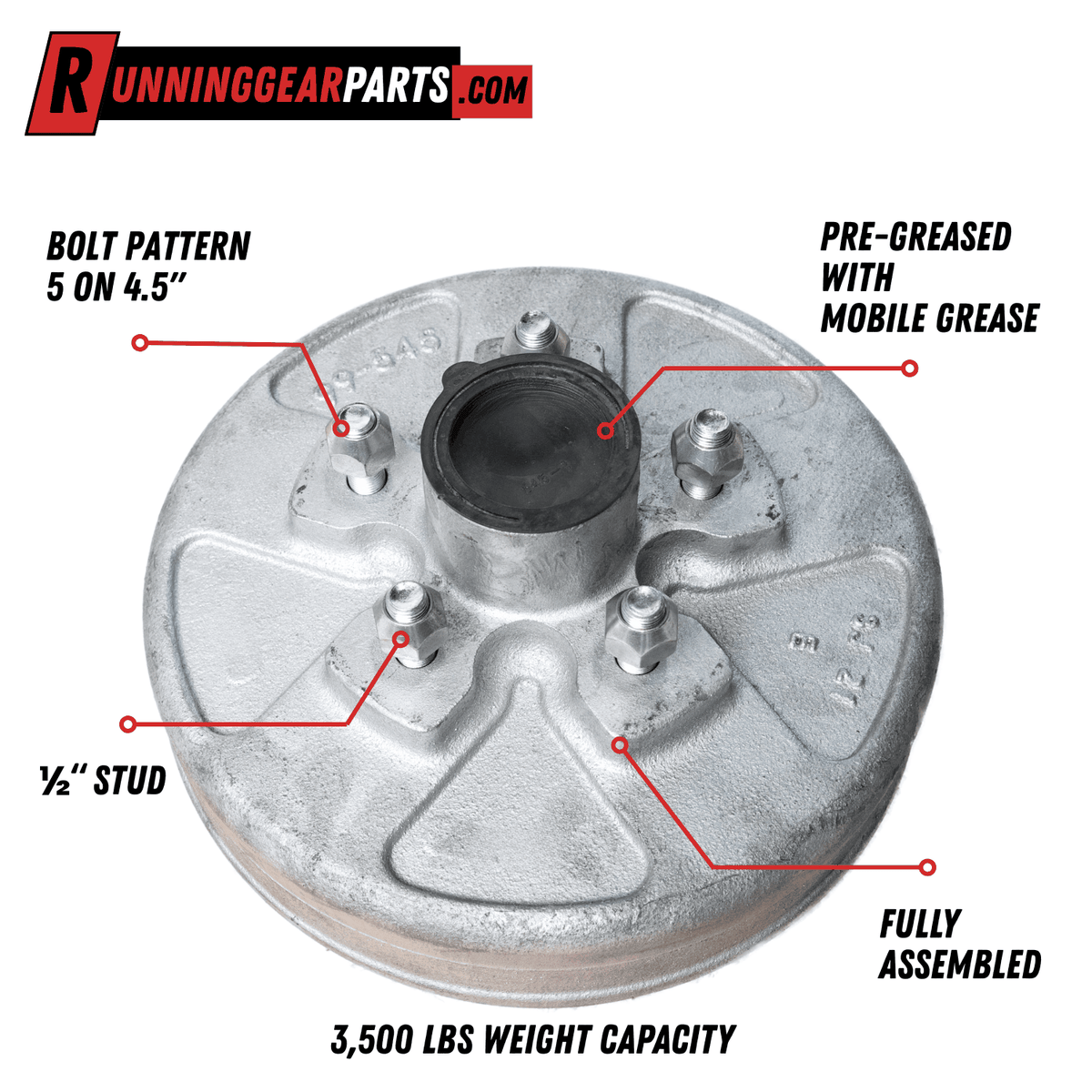 RGP 3,500 lbs Trailer Axle hub and drum assembly in galvanized silver metal, with five studs and a pre-greased center.