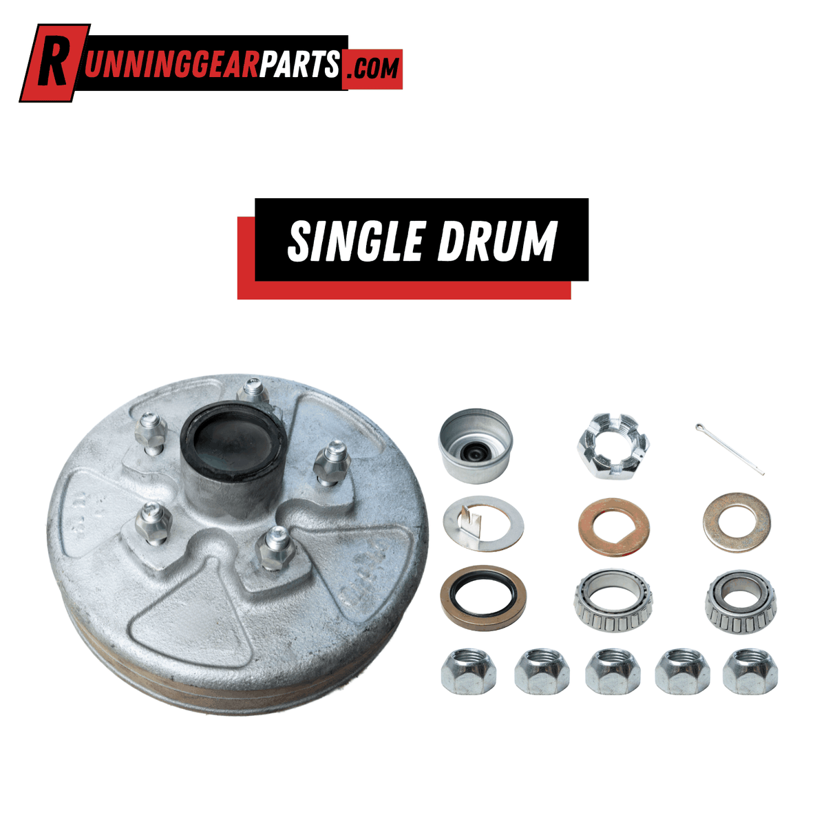 Trailer hub and drum assembly kit in galvanized silver metal, pre-greased with five wheel studs and bearing hardware; RGP 3,500 lb Trailer Axle.