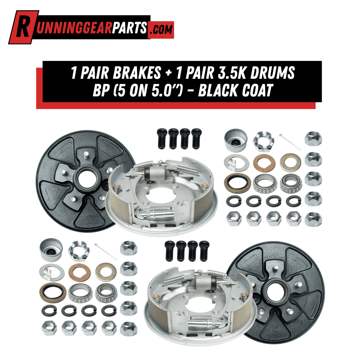 RGP 3,500 lb Hydraulic Trailer Brake Assembly pair with silver Dacromet backing plates, black drums, and hardware.