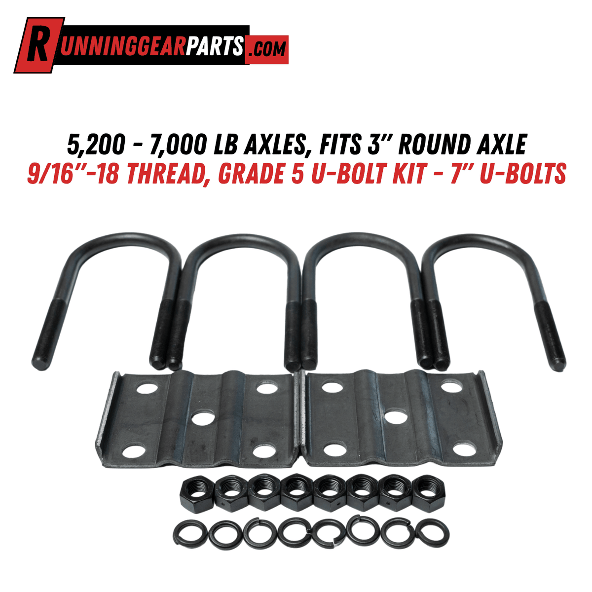 U-bolt kit for 5,200 - 7,000 lb Axles, with four black steel U-bolts, two mounting plates, nuts and lock washers