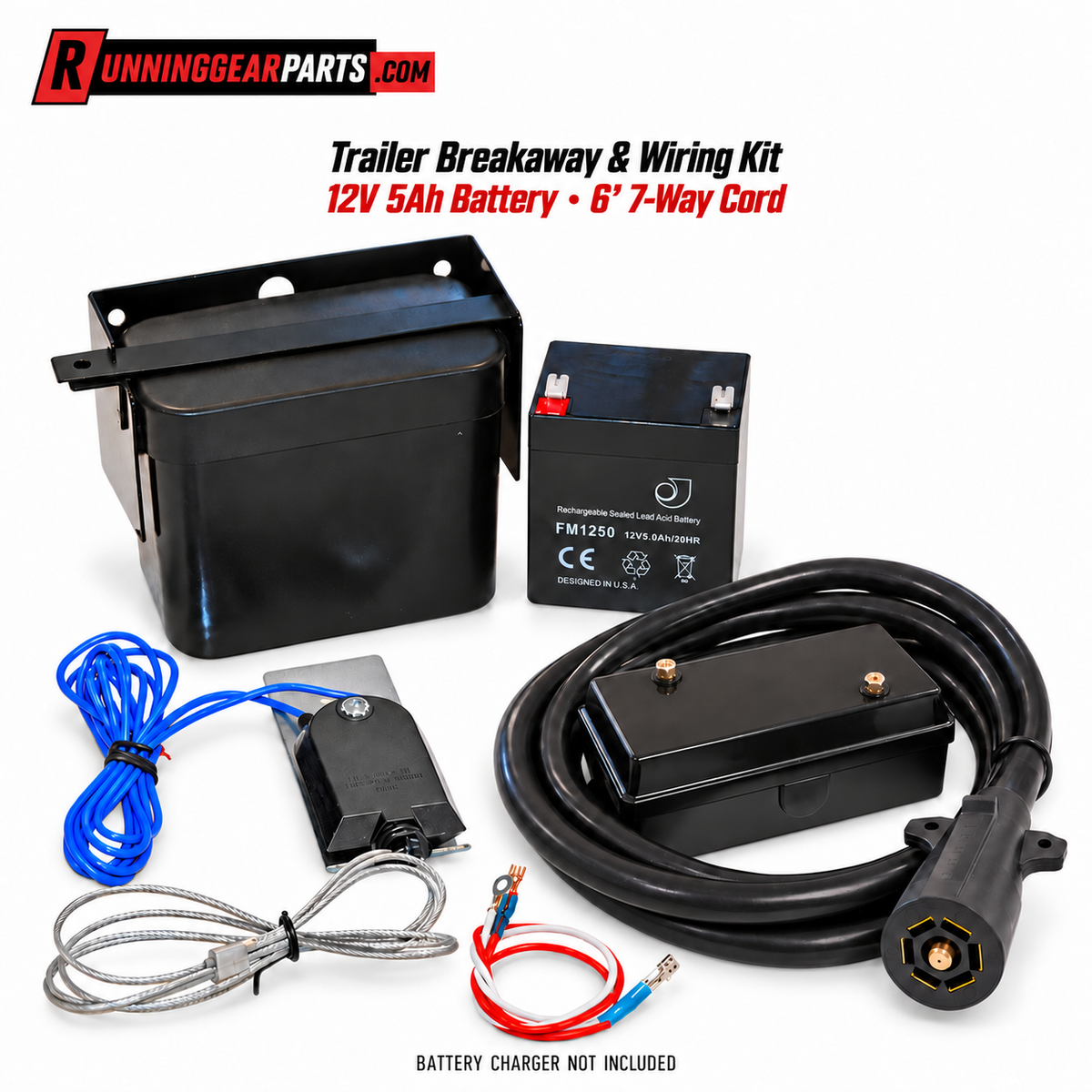 JAMMY Trailer Breakaway & 7-Way Wiring Kit, 12V 5Ah Battery, Switch, Junction Box & 6' Cord