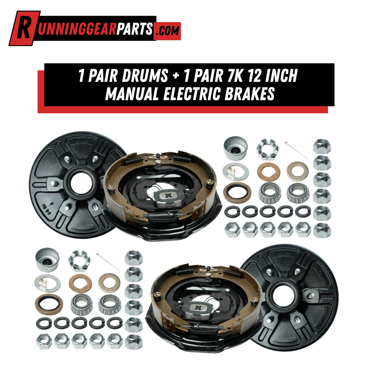 RGP 6,000 lb Trailer Axle drum and brake kit with black drums, metallic electric brakes, and assorted hardware.