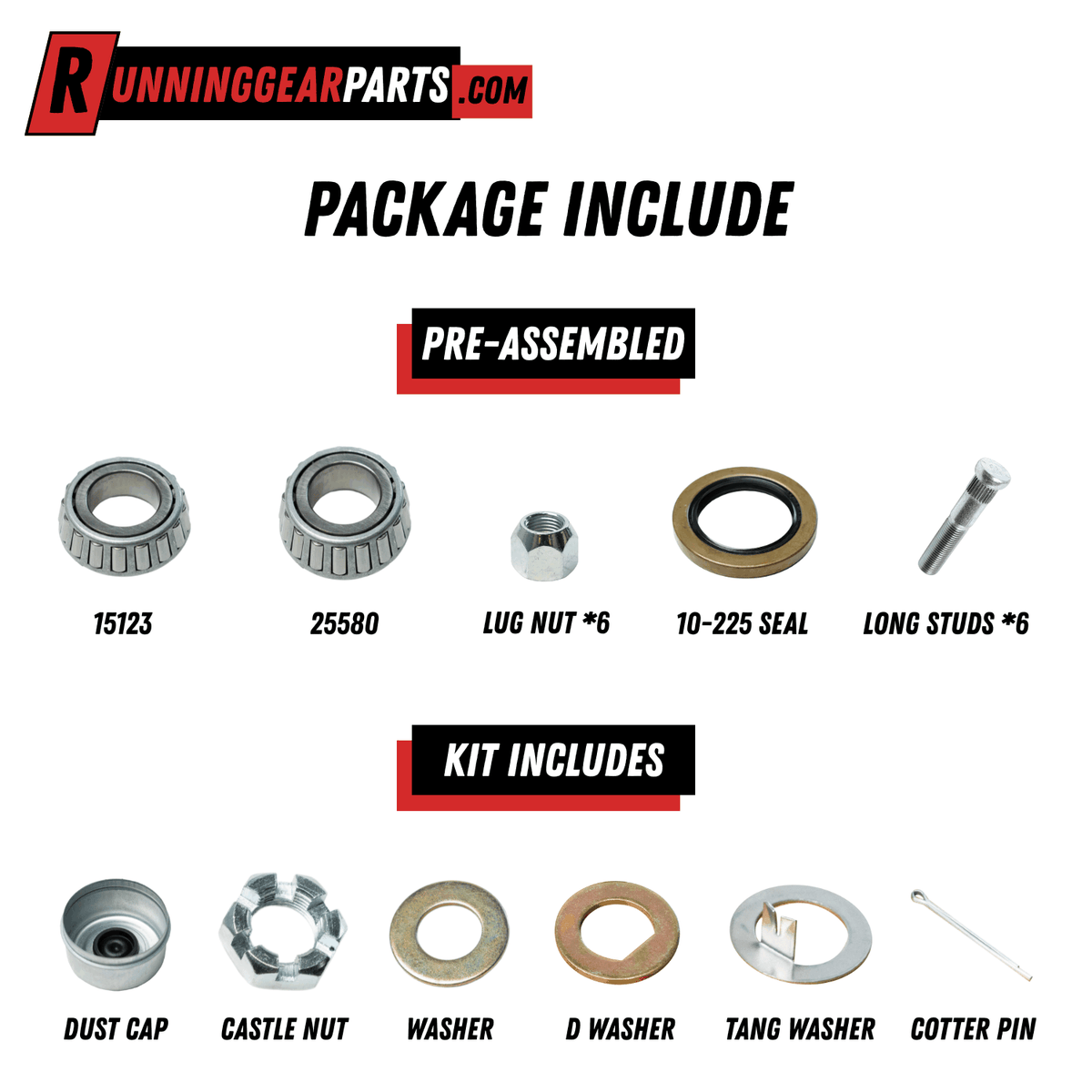 RGP 6,000 lbs Trailer Idler Hub Kit with silver metal bearings, studs, nuts, washers, dust cap and grease seal.