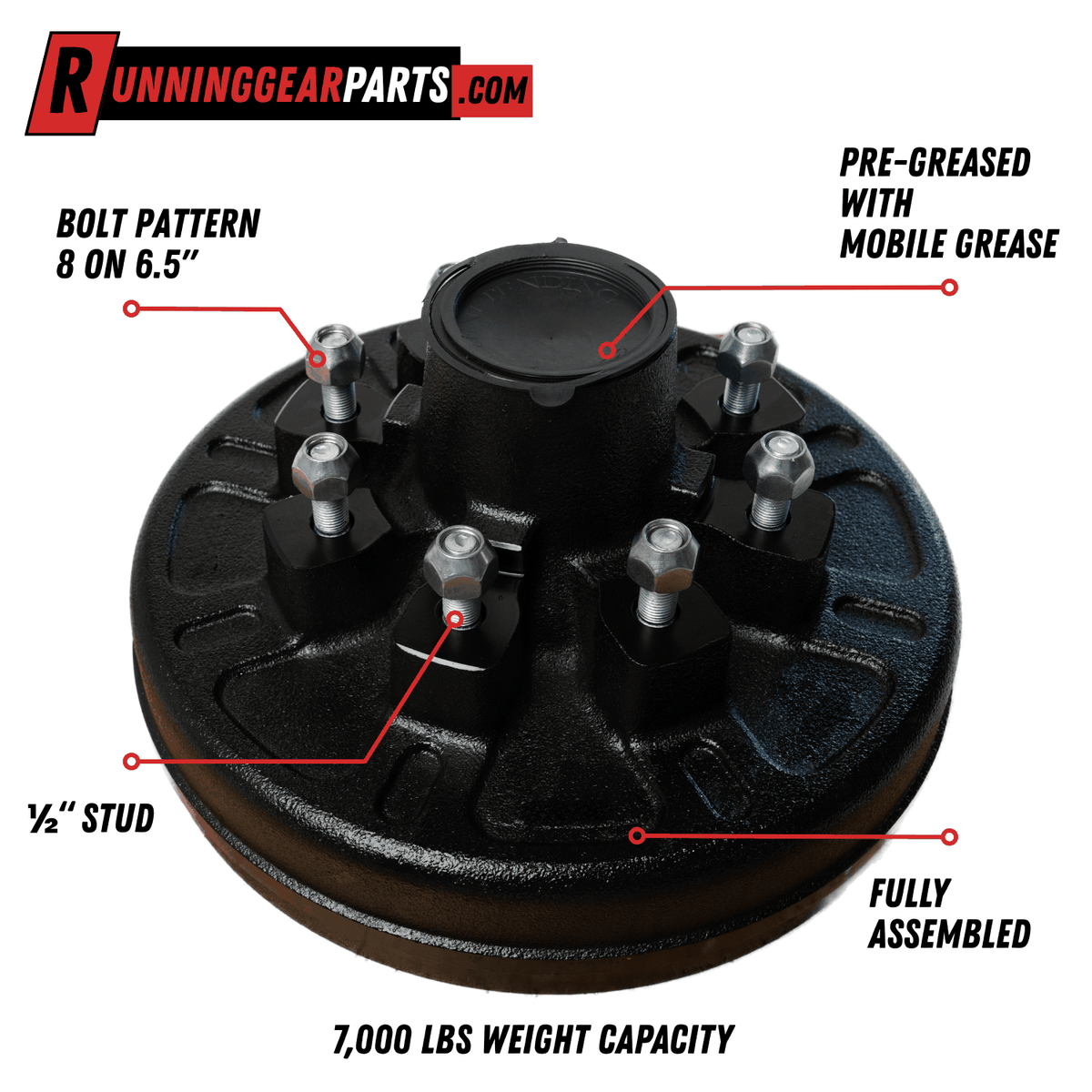7K Trailer Hub & Drum Assembly | 8 on 6.5 in., 1/2 in. Studs