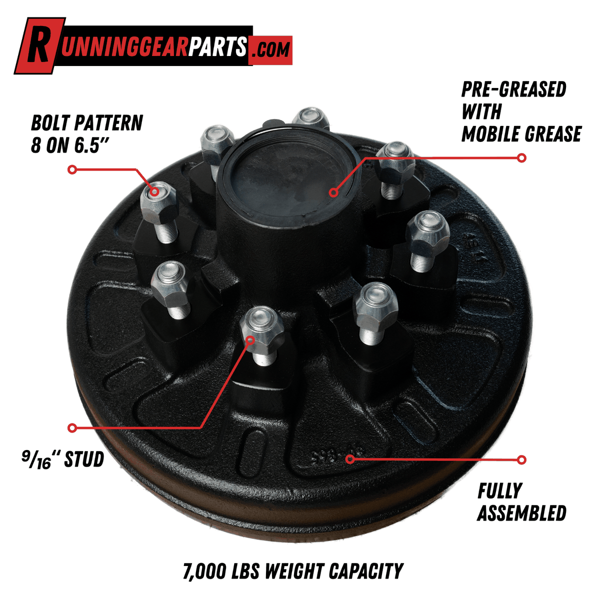 7K Trailer Hub & Drum Assembly | 8 on 6.5 in., 9/16 in. Studs