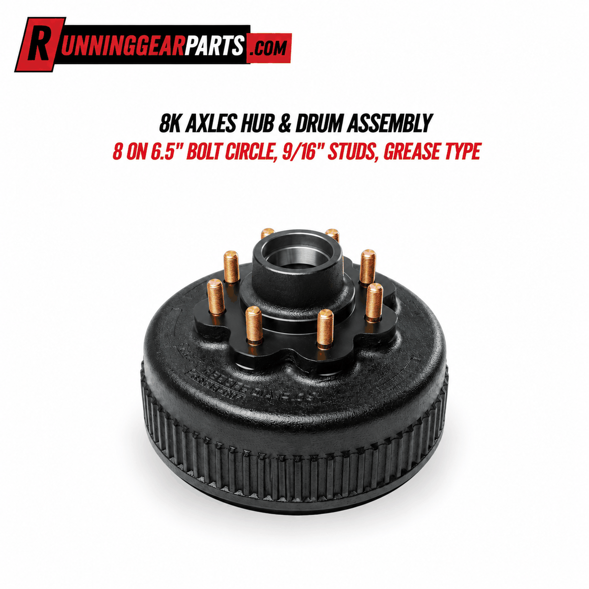 Trailer hub and drum assembly, black cast metal with ribbed drum and gold studs; RGP 8,000 lb Trailer Axles grease type.