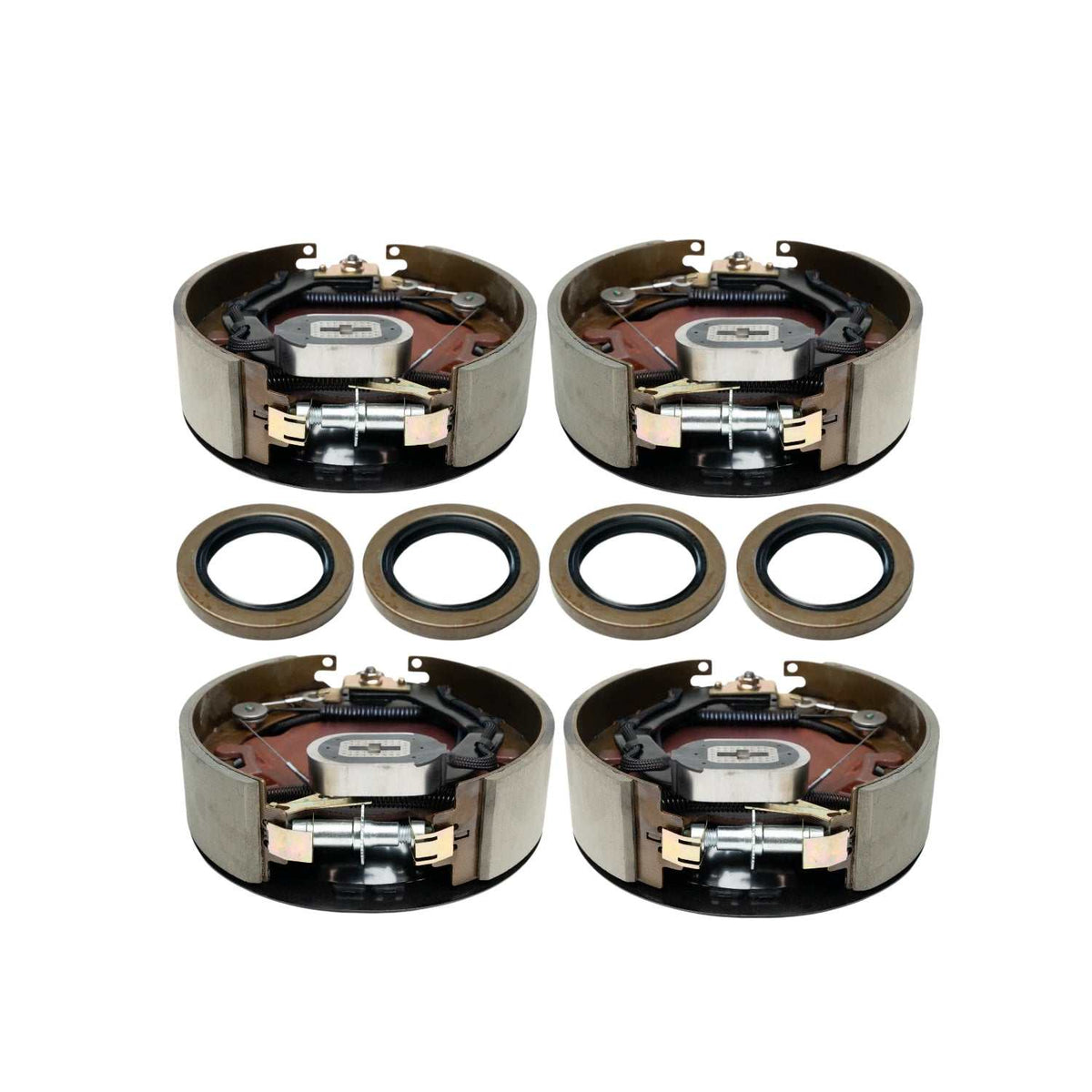 Electric trailer brake assemblies for RGP 8,000 lb Axles, metallic silver backing plates with black and copper components, plus four seals.