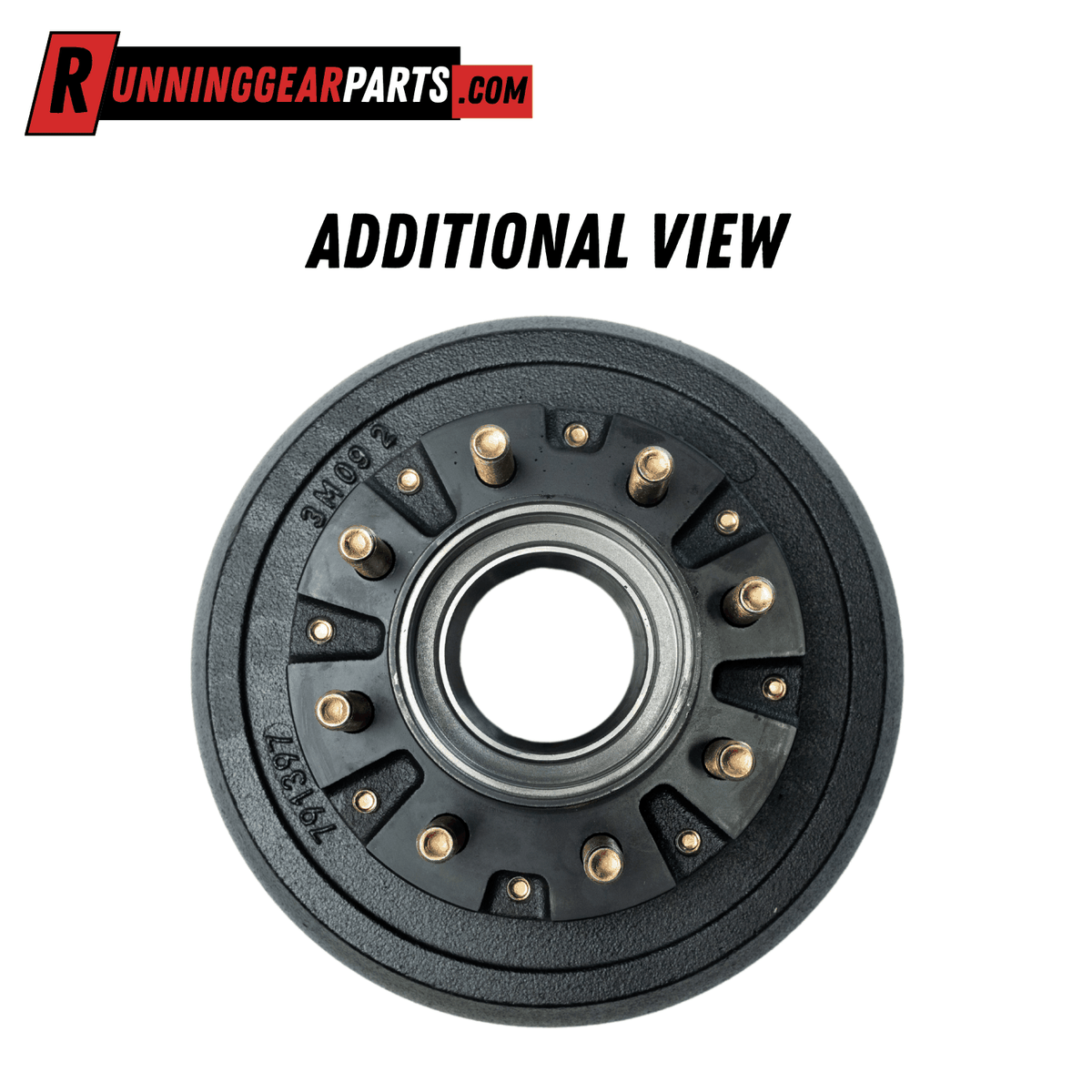RGP 9,000-10,000 lbs Trailer Axle hub and drum with a black textured finish, central hub opening, and gold-toned studs.