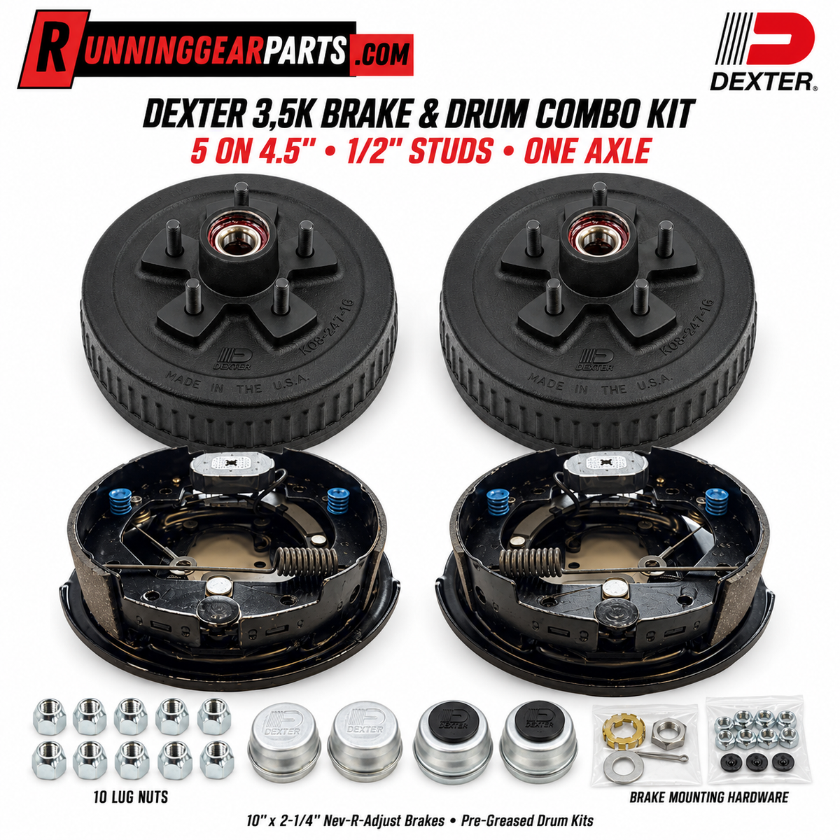 Dexter 3,500 lb Brake & Hub Drum Combo Kit — 10″ × 2-1/4″ Nev-R-Adjust, 5 on 4.5″, 1/2″ Studs — One Axle