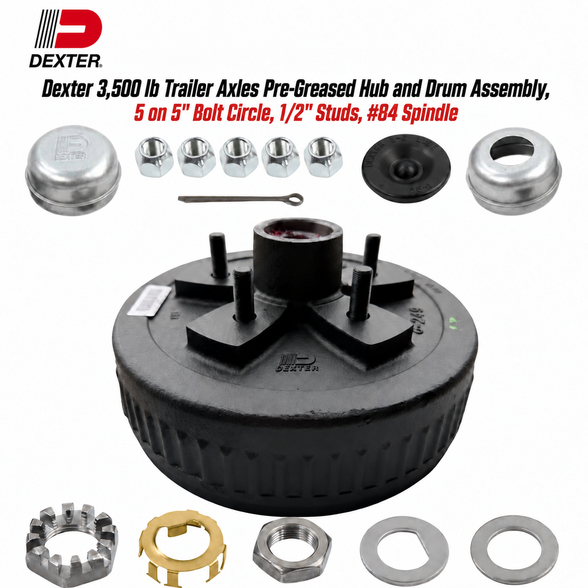 Dexter 3,500 lb trailer axle pre-greased hub and drum assembly kit