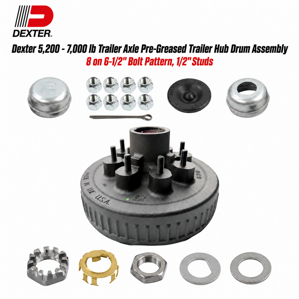 Dexter 5,200 - 7,000 lb trailer axle pre-greased trailer hub drum assembly kit