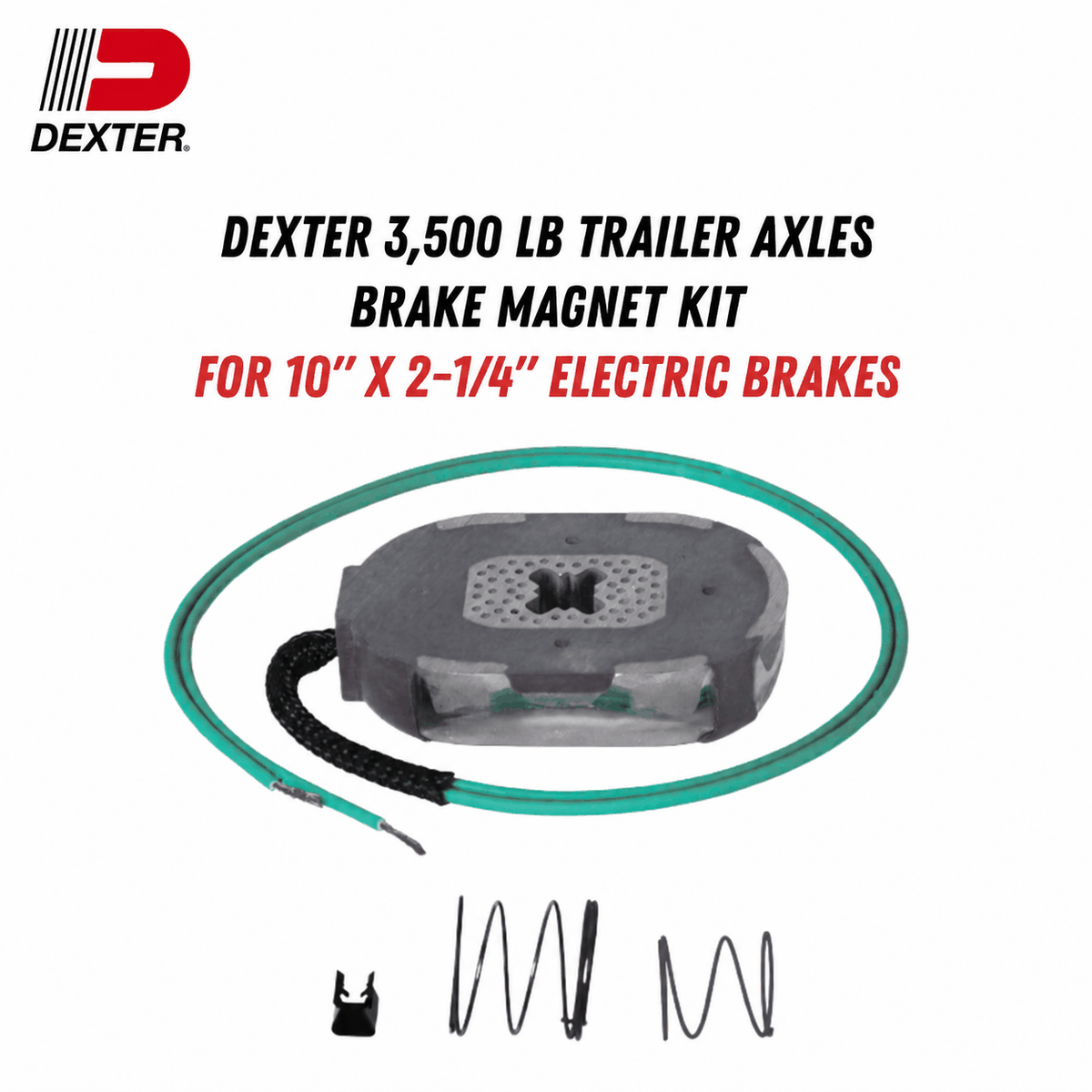 Electric trailer brake magnet kit, dark gray assembly with green wire, spring and retaining clip for Dexter 3,000/3,500 lb Trailer Axles.