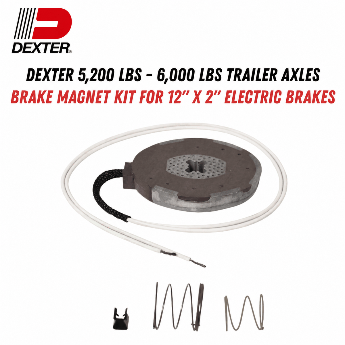 Electric trailer brake magnet kit with a dark gray round magnet, light wires and two springs for Dexter 5,200 lbs/6,000 lbs Trailer Axles.