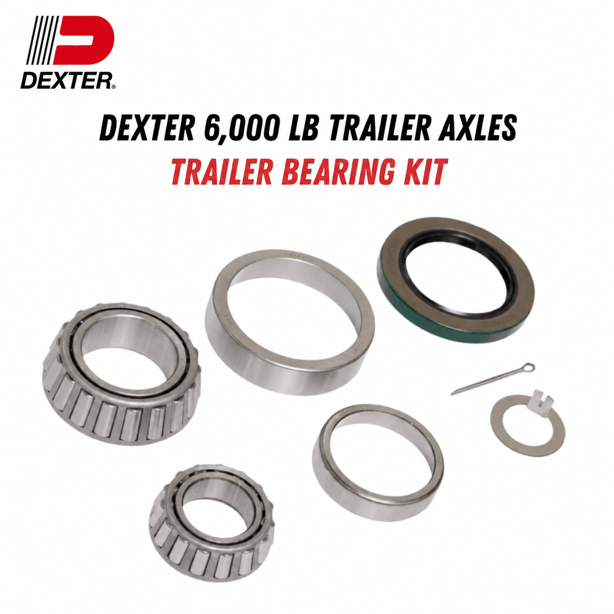 Trailer bearing kit with silver steel bearings and races, black grease seal, metal washer and cotter pin for Dexter 6,000 lb Trailer Axles.