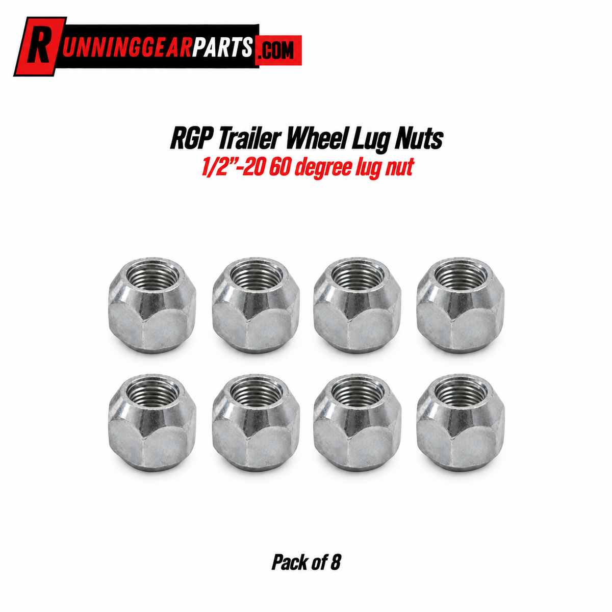 Eight silver metallic trailer wheel lug nuts