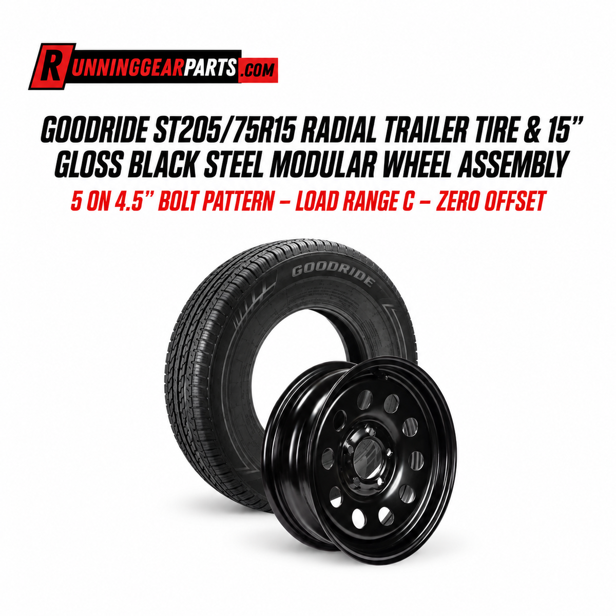 Goodride trailer tire and a matching black steel modular wheel assembly
