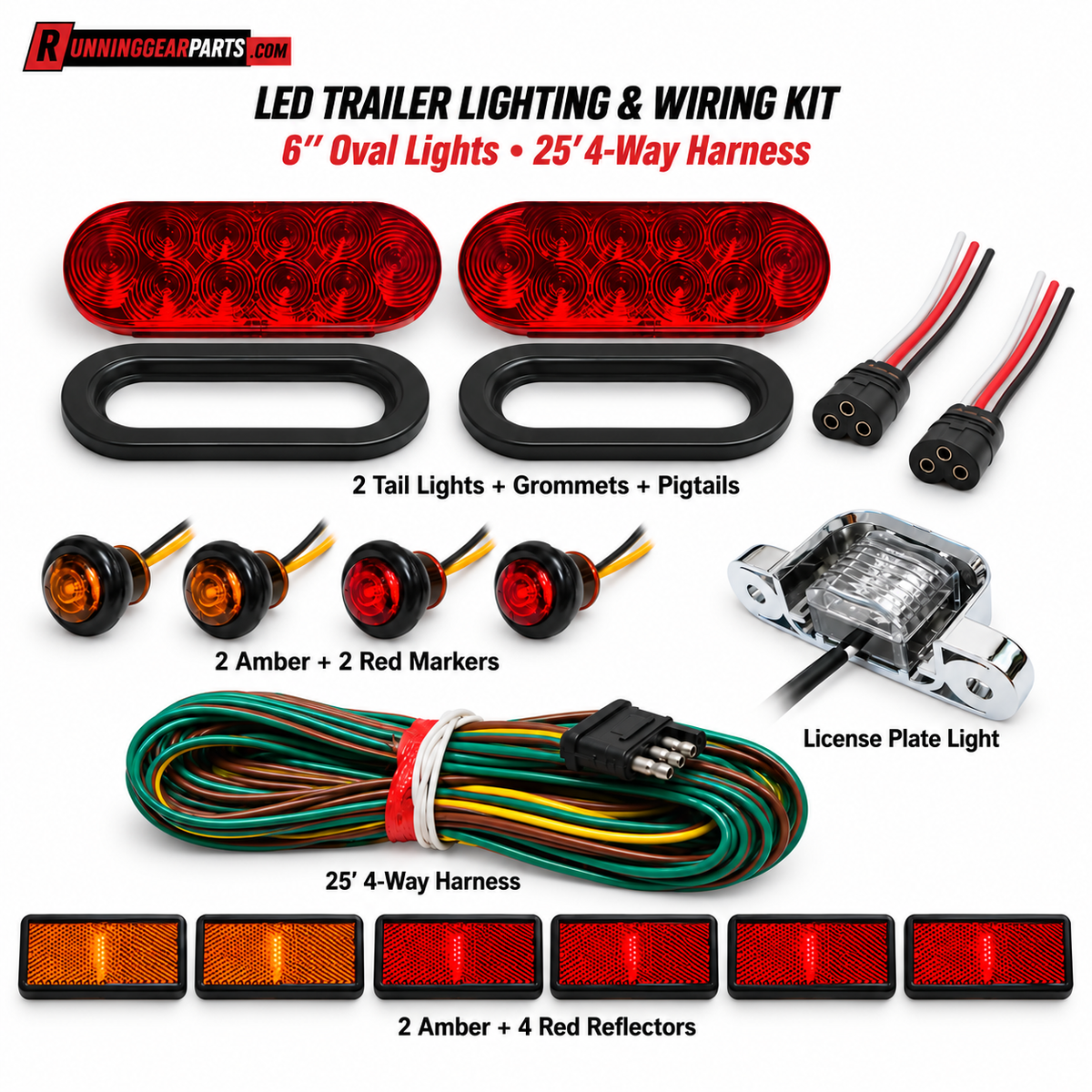 LED Trailer Light & Wiring Kit - 6" Oval Tail Lights, Side Markers, Reflectors & 25' 4-Way Harness