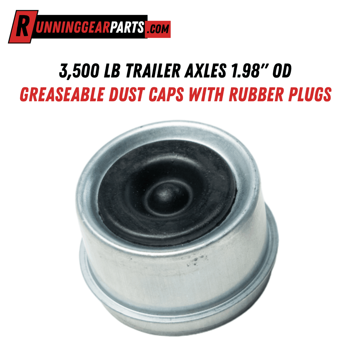 Trailer Axles Greaseable Dust Caps, silver zinc-plated steel with a black rubber plug and press-fit rim
