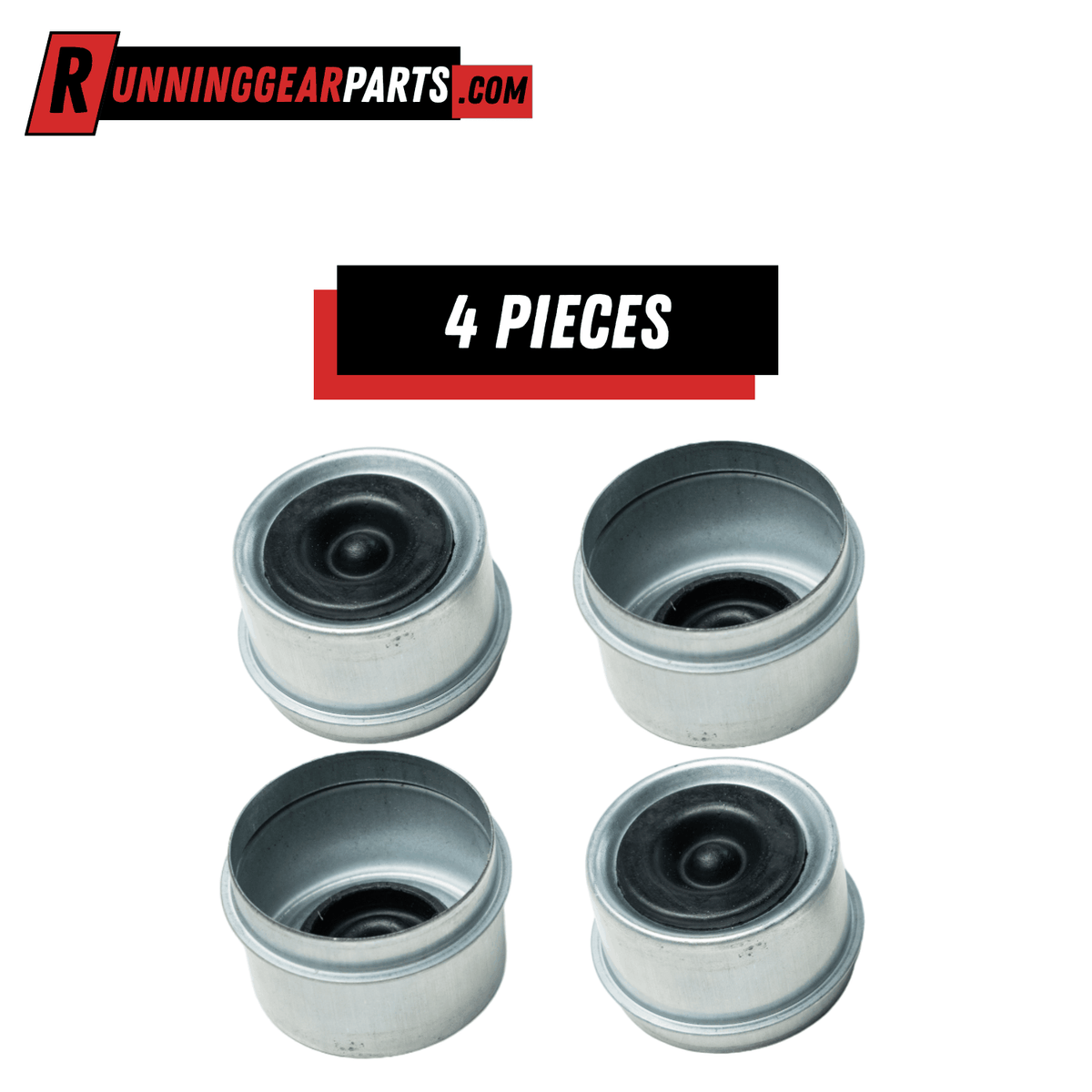 Trailer Axles Greaseable Dust Caps, silver zinc-plated steel with black rubber EZ-Lube plugs, shown as four pieces.