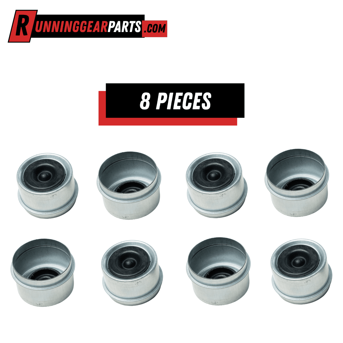 Trailer Axles Greaseable Dust Caps, eight silver metal caps with black rubber grease plugs and press-fit rims.