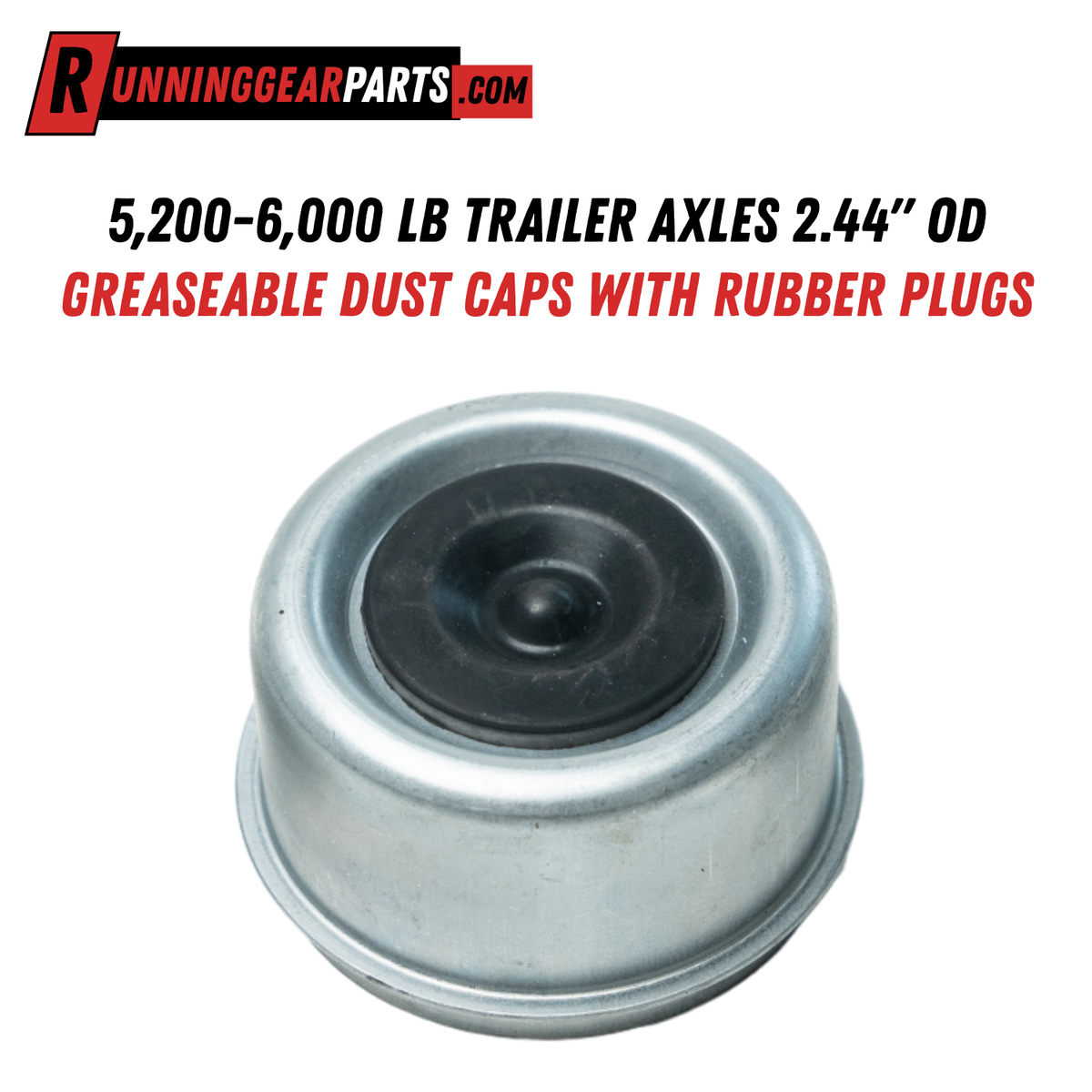 Trailer axle dust cap for RGP 5,200-6,000 lb Trailer Axles, silver galvanized metal with a black rubber plug and smooth finish.