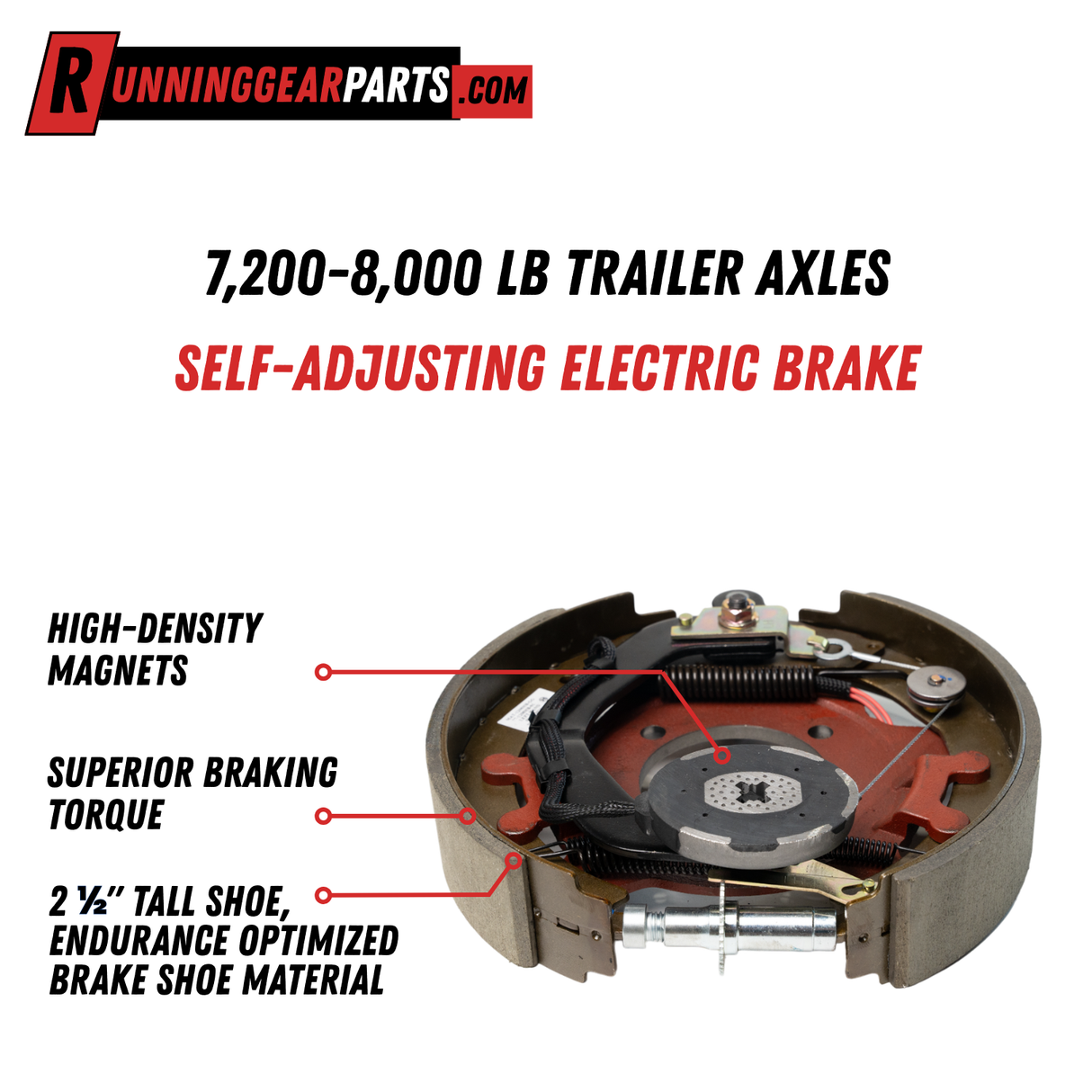 7,200 lbs - 8,000 lbs Trailer Axle Self-Adjusting Electric Brake Assembly, 12-1/4" x 2-1/2"
