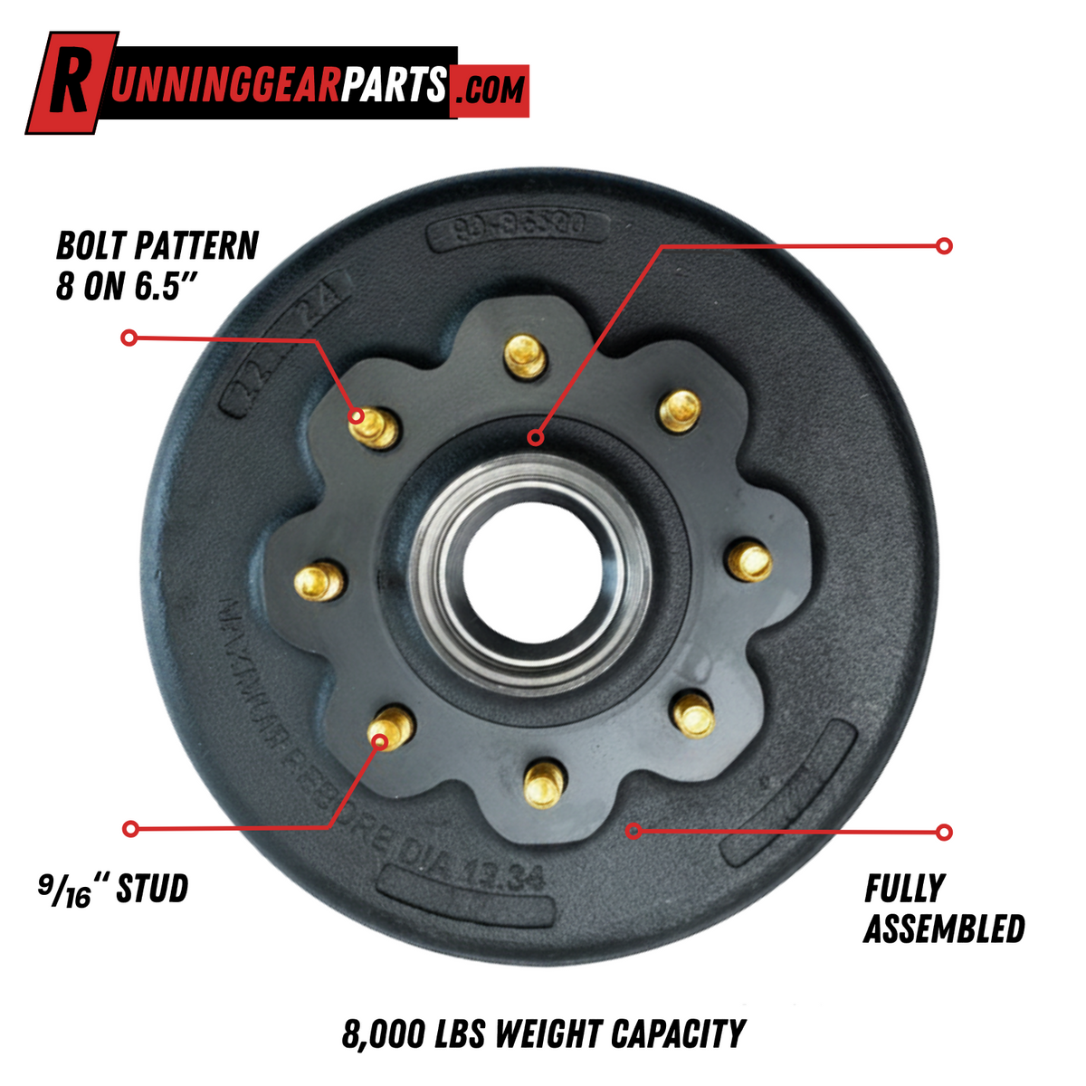 8,000 lb Oil Bath Trailer Hub & Drum Assembly, 8 on 6.5", 9/16" Studs, 12-1/4" x 3-3/8" Brakes