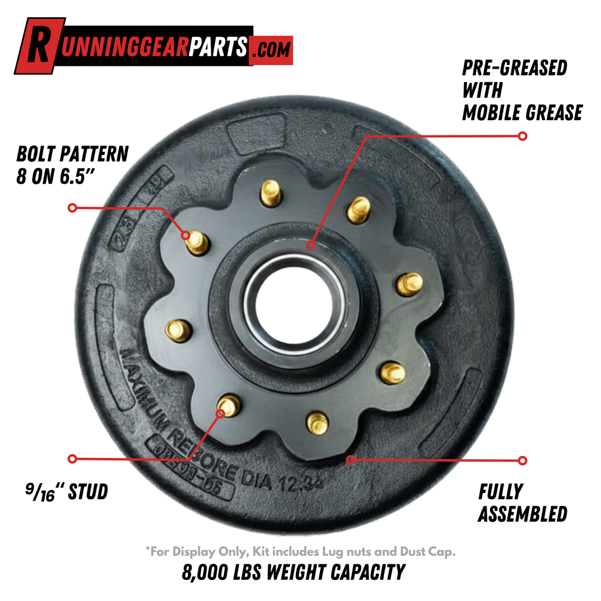 8,000-lb Axles Brake Drum with 8 on 6-1/2" Bolt Pattern, 9/16" Stud, Greased