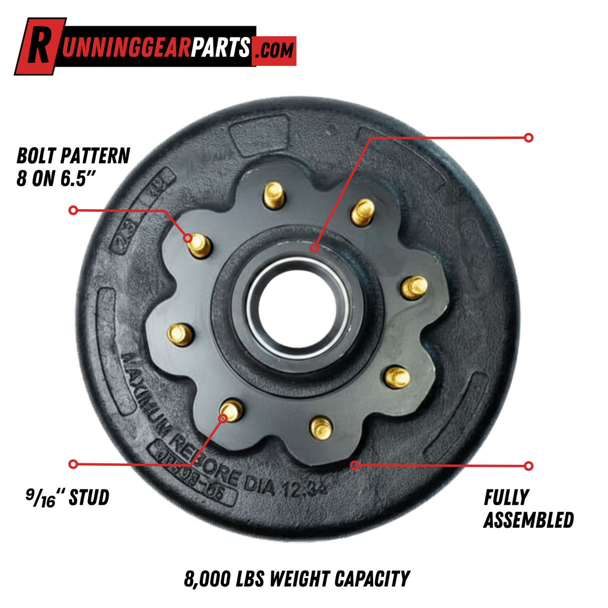8,000 lb Trailer Hub & Drum Assembly, 8 on 6.5", 9/16" Studs, 12-1/4" x 3-3/8" Brakes