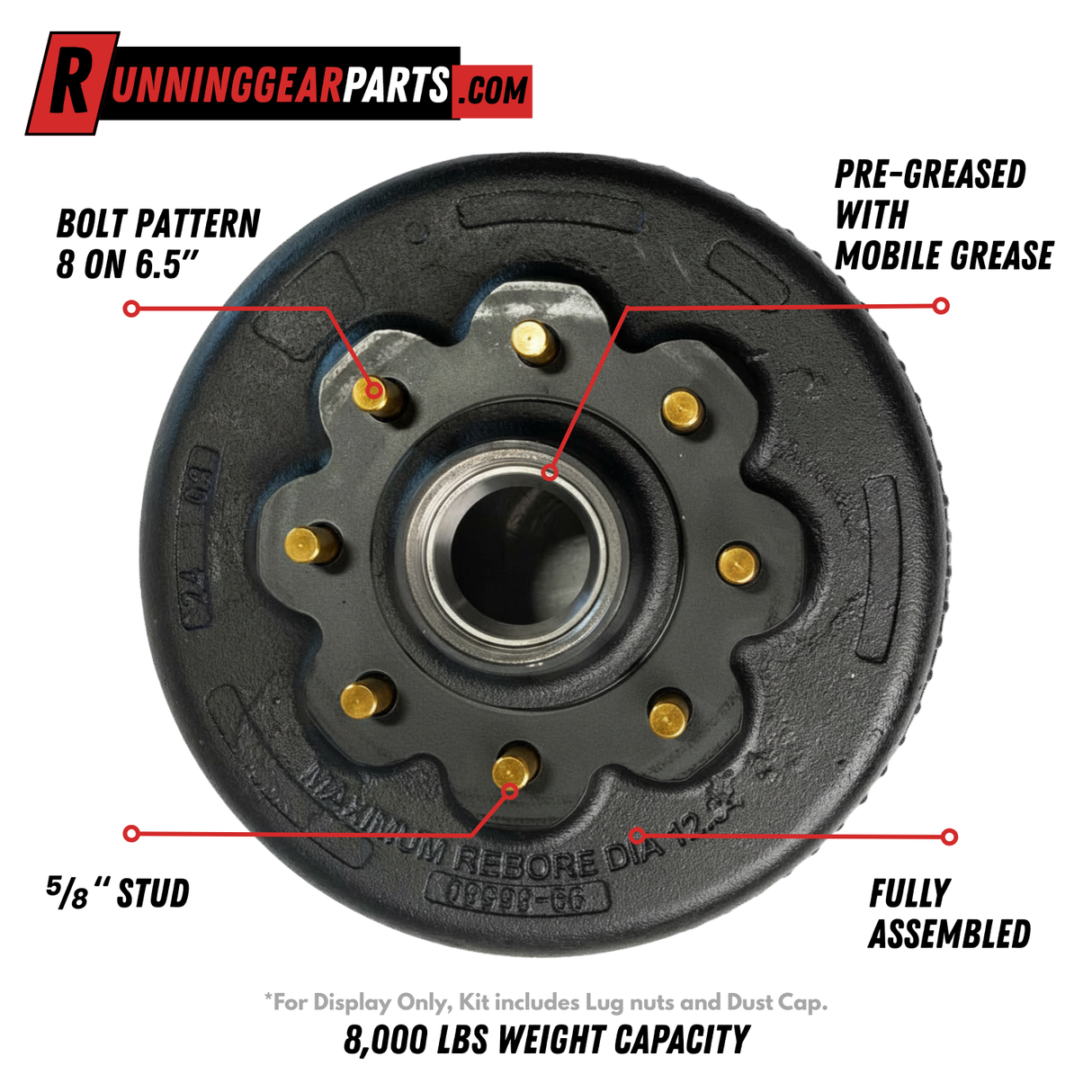 8,000-lb Axles Brake Drum with 8 on 6-1/2" Bolt Pattern, 5/8" Stud, Oil Bath