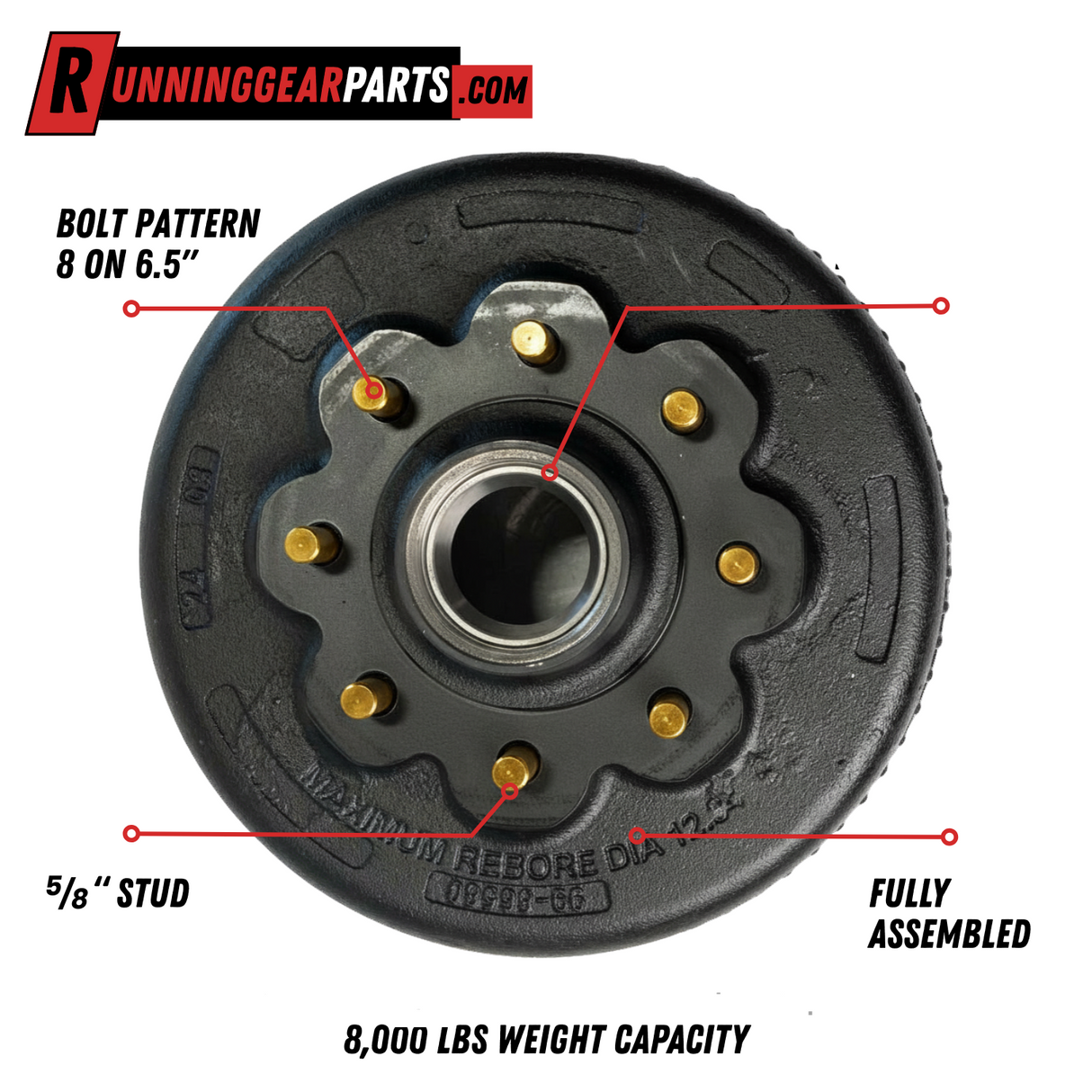 8000 lb Oil Bath Trailer Hub & Drum Assembly, 8 on 6.5", 5/8" Studs, 12-1/4" x 3-3/8" Brakes