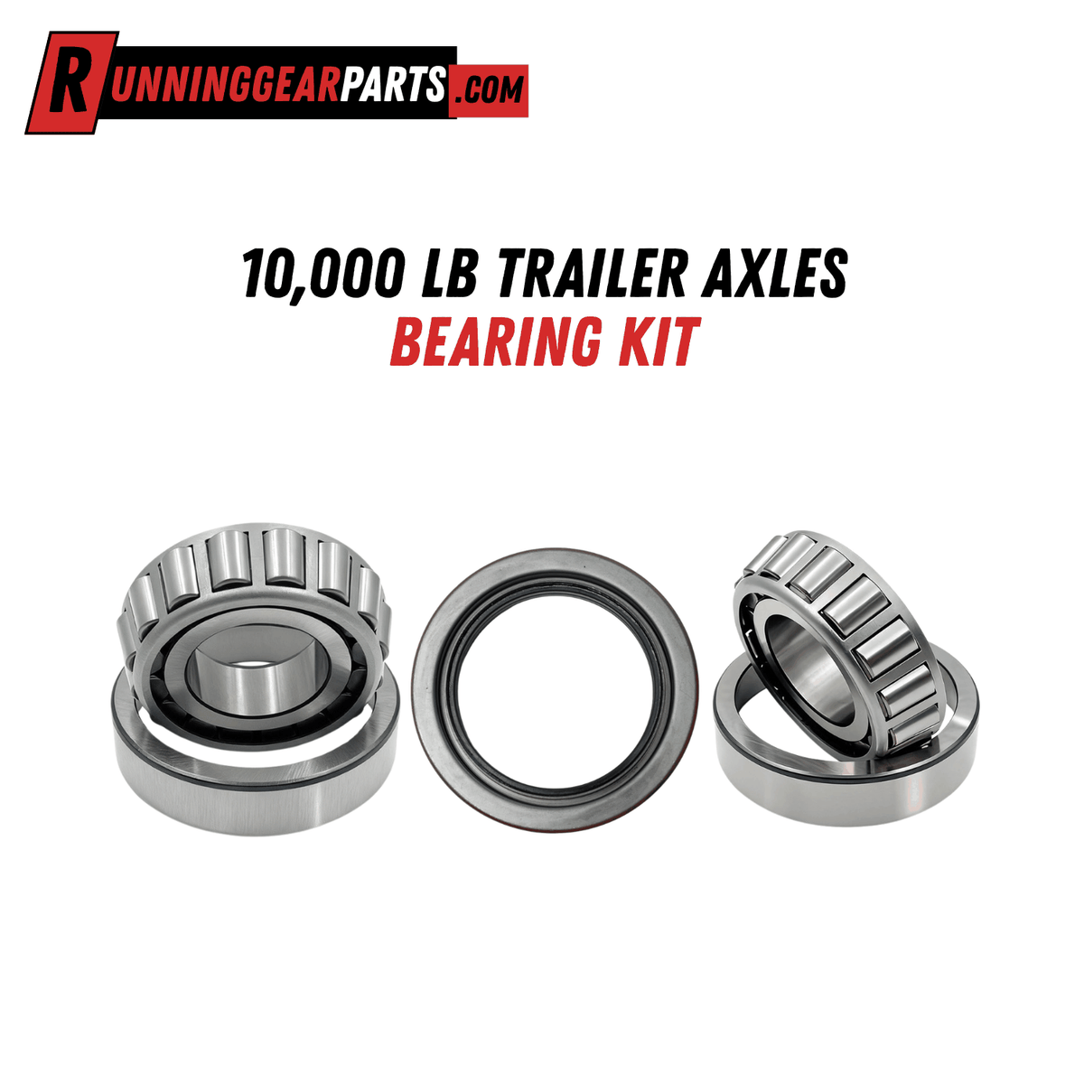 Trailer Axles Bearing Kit with polished silver steel tapered roller bearings, matching races and a black rubber grease seal.