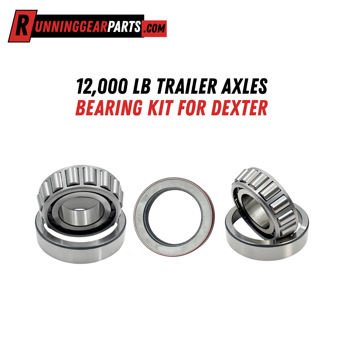 Trailer axle bearing kit in silver metal, featuring two tapered roller bearings and precision-machined races for RGP 12,000 lb Trailer Axles.