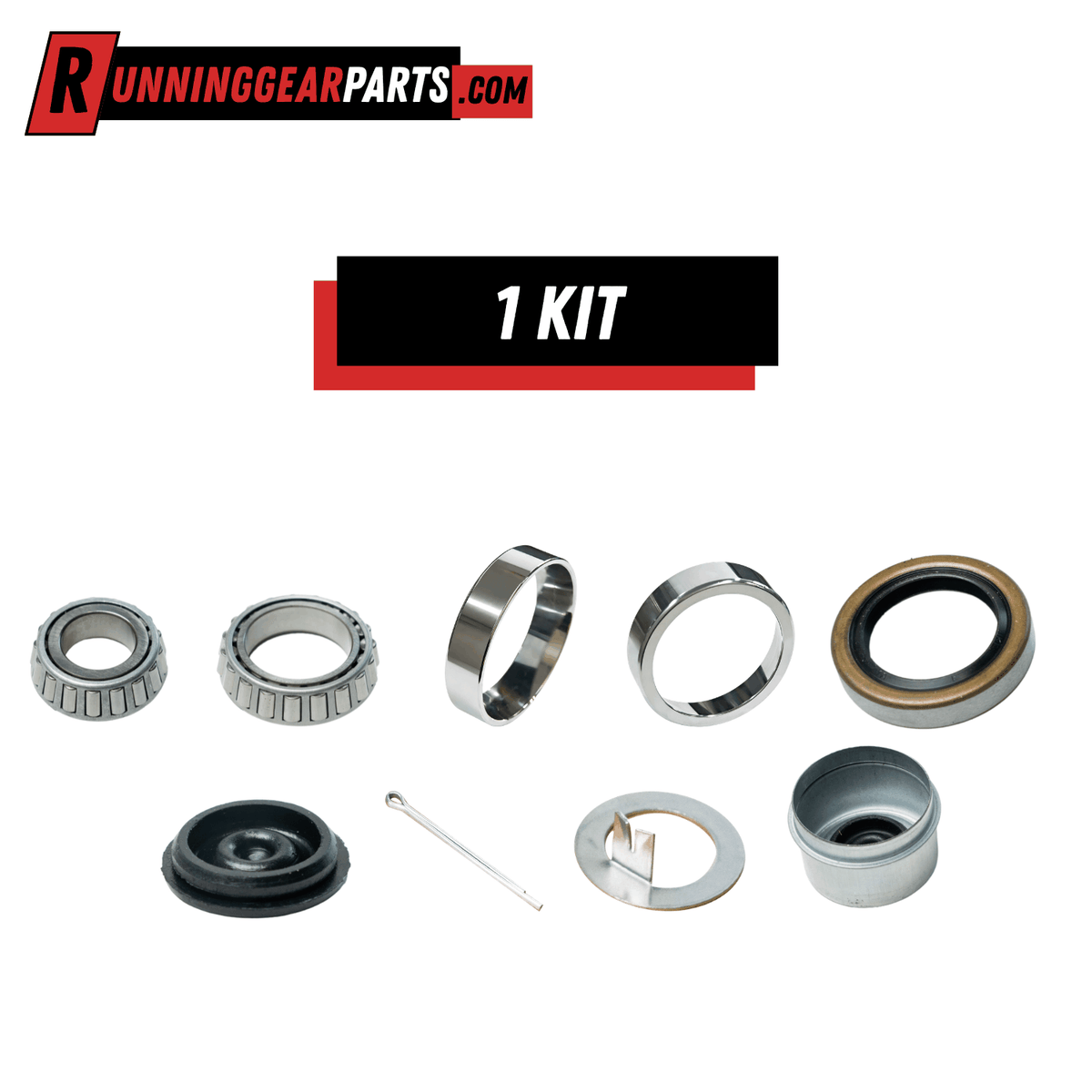 Trailer bearing kit with silver metal rollers and races, black rubber seals and EZ Lube caps for a trailer hub rebuild.