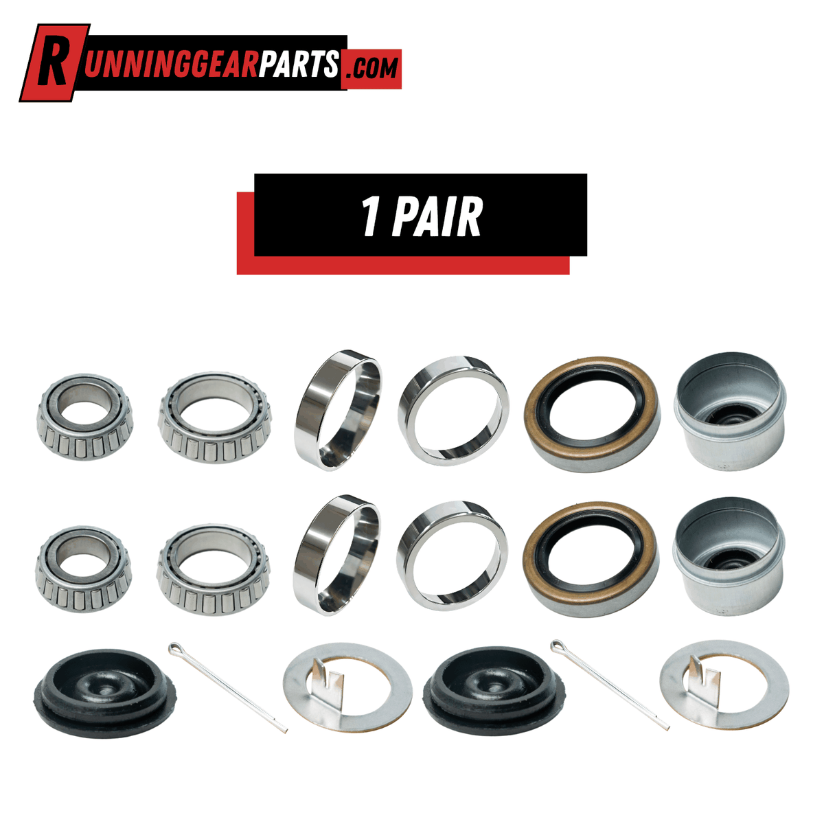 Trailer hub rebuild bearing kit with a pair of silver tapered roller bearings, races, seals, grease caps and hardware