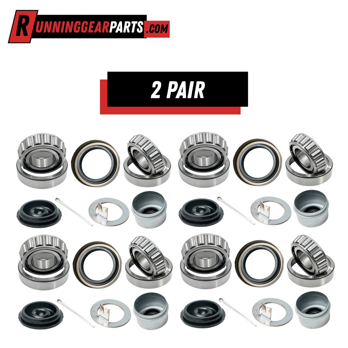Trailer hub rebuild bearing kit with silver tapered bearings, races, grease seals, EZ Lube caps, and hardware in a two-pair set
