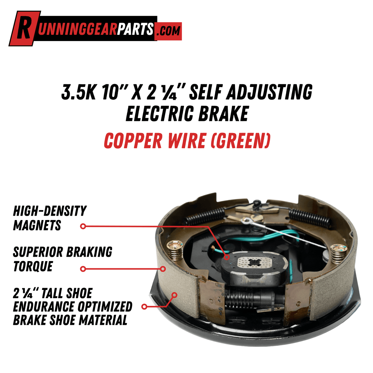 RGP 3,500 lbs Trailer Axles electric drum brake, dark steel backing plate with tall shoes, springs and green copper wire