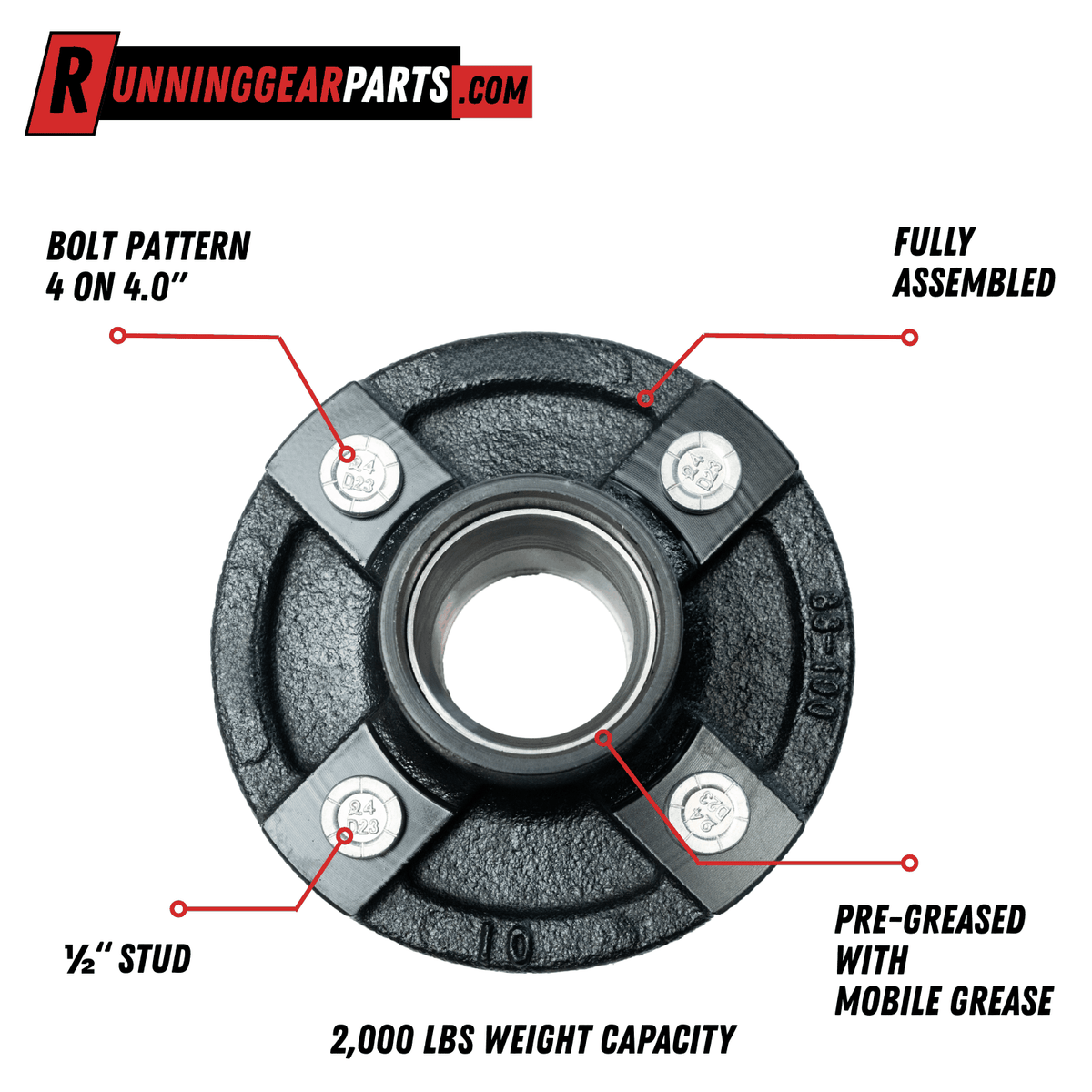 Trailer idler hub in black textured steel with four silver ½-inch studs, a 4-on-4-inch bolt pattern, and RGP 2000 lb Axle capacity.