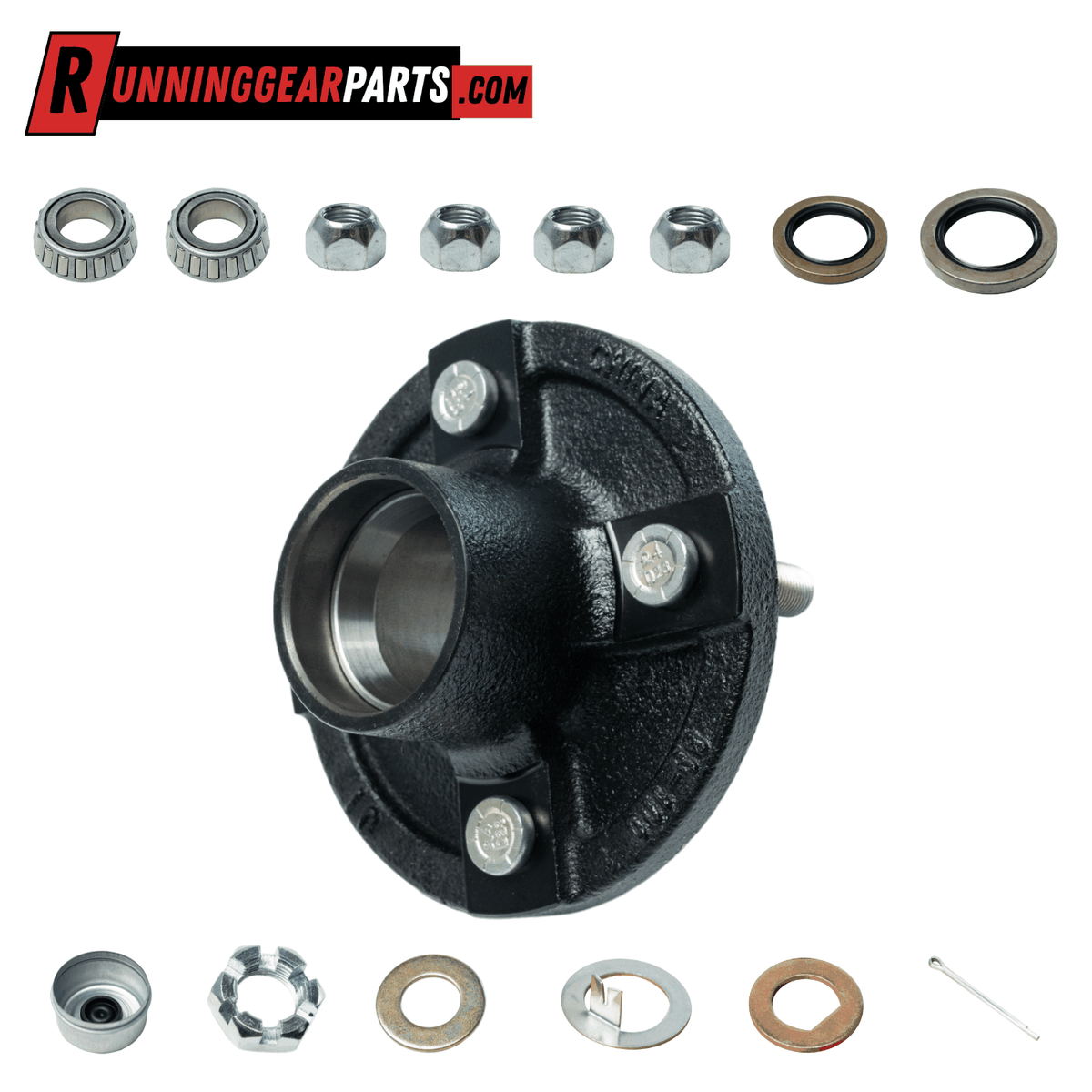 2000 lb Axle Trailer Idler Hub Assembly kit · 4 on 4" Bolt Pattern, 1/2" Stud, L44649 Bearings · Dust Cap & Castle Nut Included
