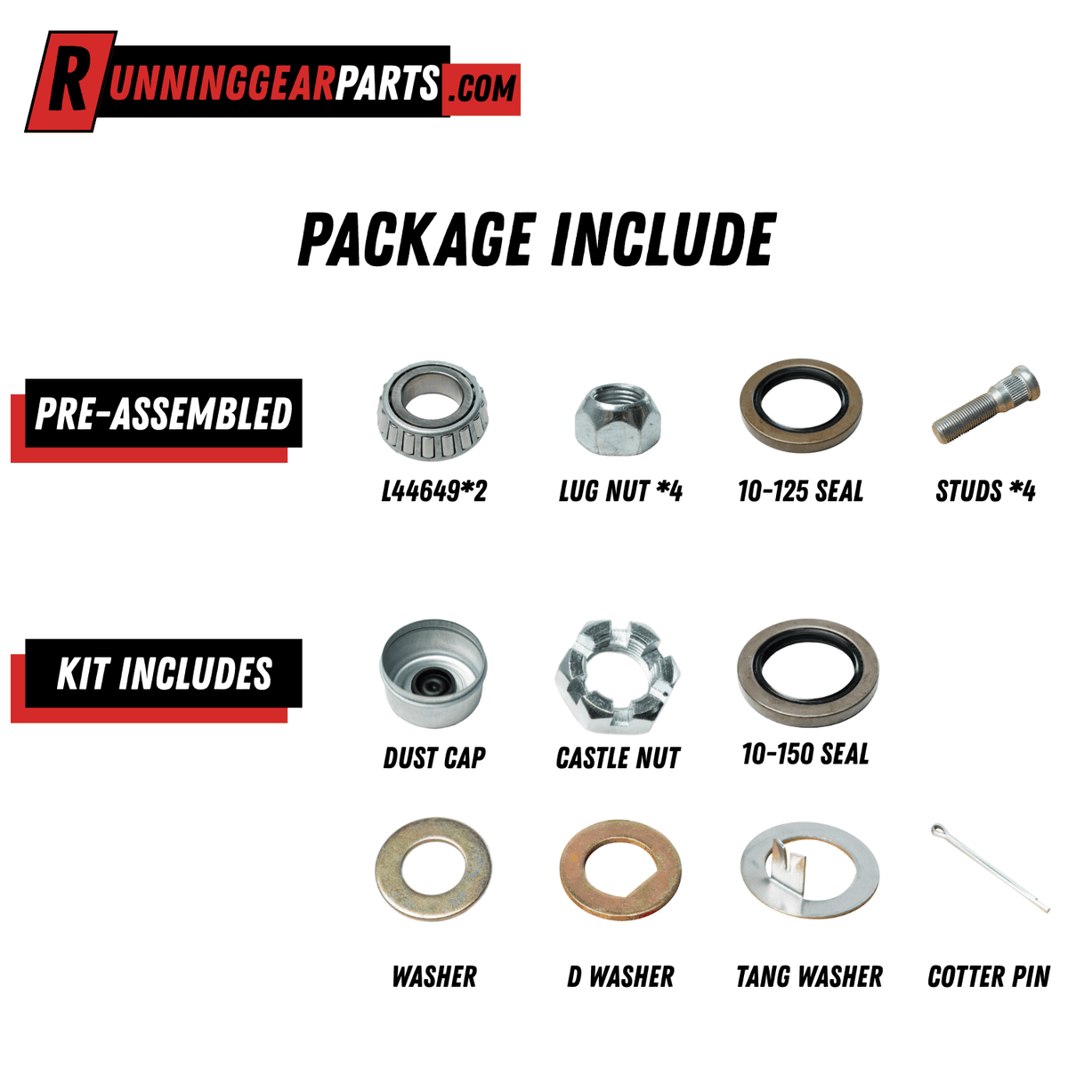 RGP 2000 lb Axle idler hub kit with silver steel hardware, bearings, black seals, lug nuts and pressed-in studs.