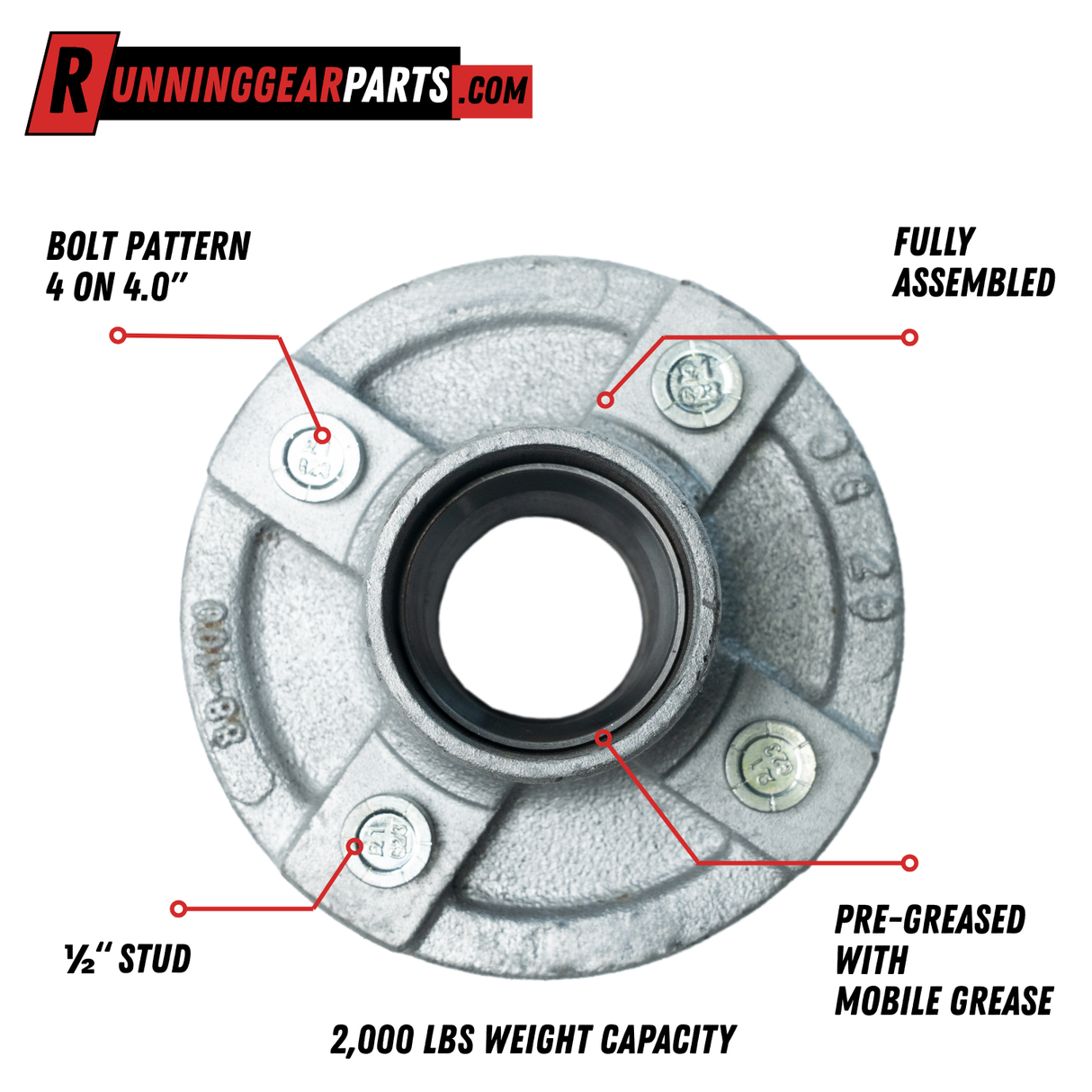 2,000 lbs Axle Trailer Idler Hub Kit, 4 on 4" Bolt Pattern, Galvanized, Pre-Greased