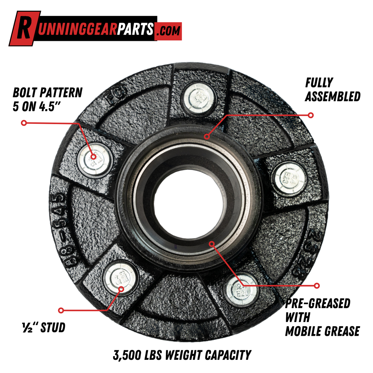 3,500 lb Trailer Idler Hub Kit- 5 on 4.5" Bolt Pattern, Pre-Greased