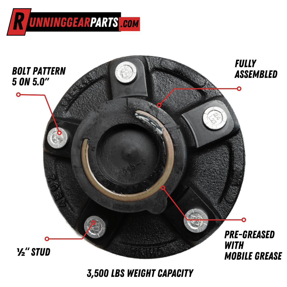 RGP 3,500 lb Trailer Idler Hub Kit in black textured metal, with five silver studs and a pre-greased center cap.