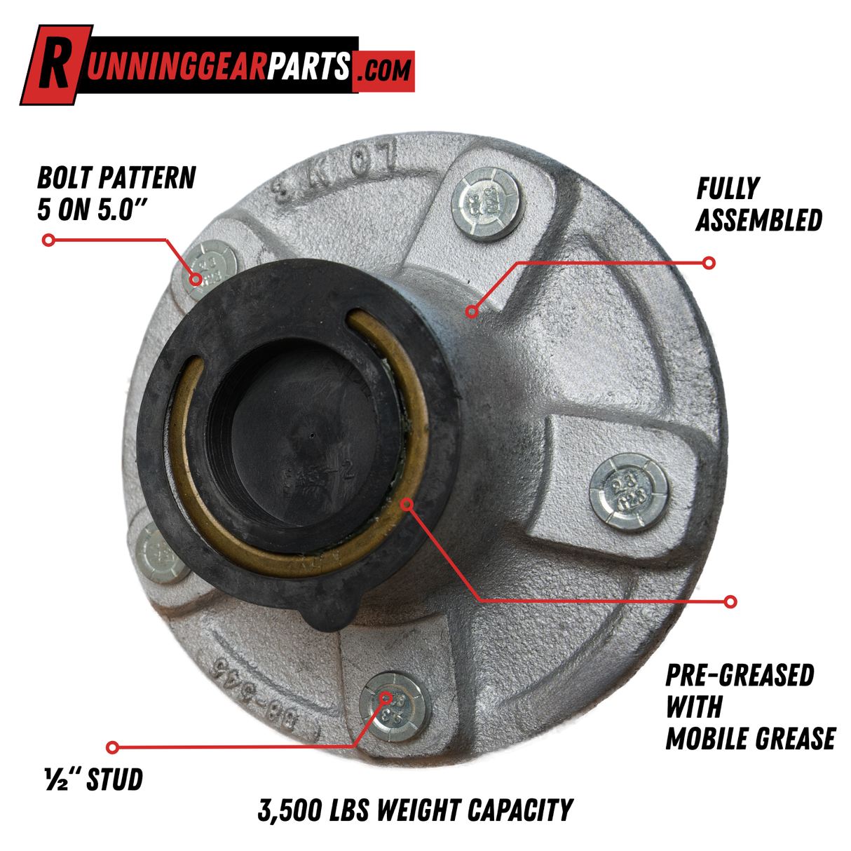 3,500 lb Axle Trailer Idler Hub Assembly 5 on 5" L68149 / L44649 Bearings EZ Lube Cap and Hardware Included · Galvanized