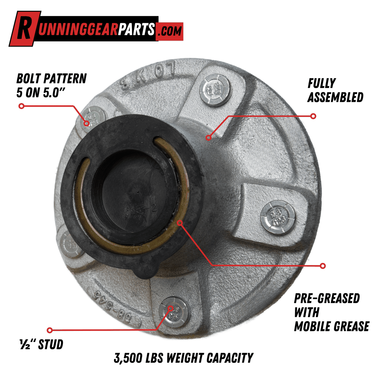 RGP 3,500 lb Trailer Idler Hub Kit in galvanized silver metal, with a black grease cap, five studs and a five-lug pattern.